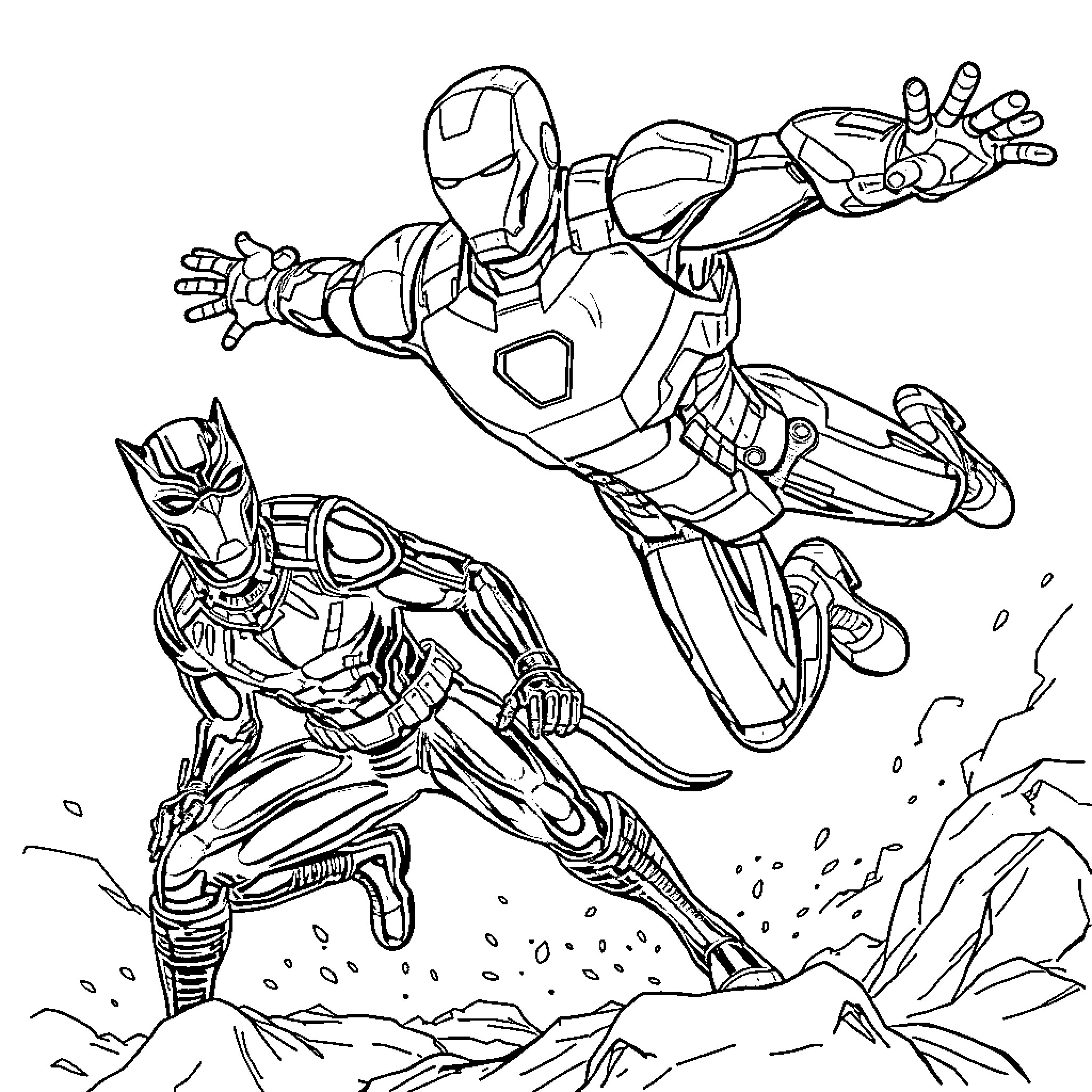 Iron Man in action with Black Panther Coloring Page (free black-and-white line drawing printable PDF for all, from beginners to advanced learners, including children, teens, adults, and seniors)