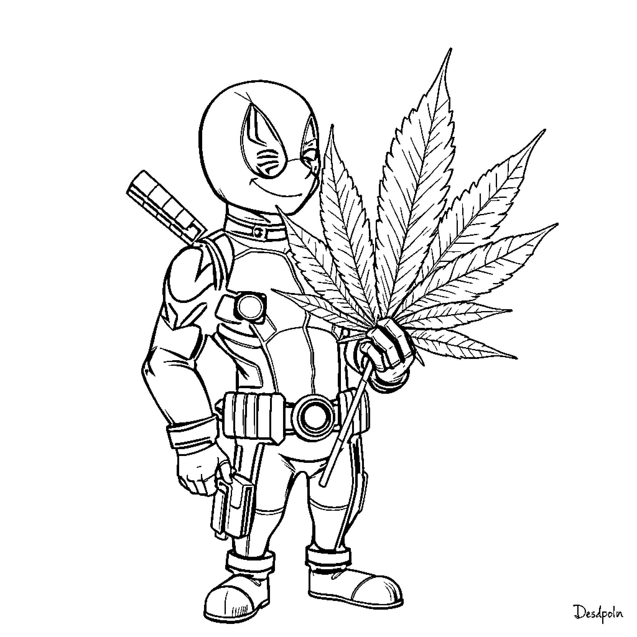 Deadpool armed with cannabis leaves Coloring Page (free black-and-white line drawing printable PDF for all, from beginners to advanced learners, including children, teens, adults, and seniors)
