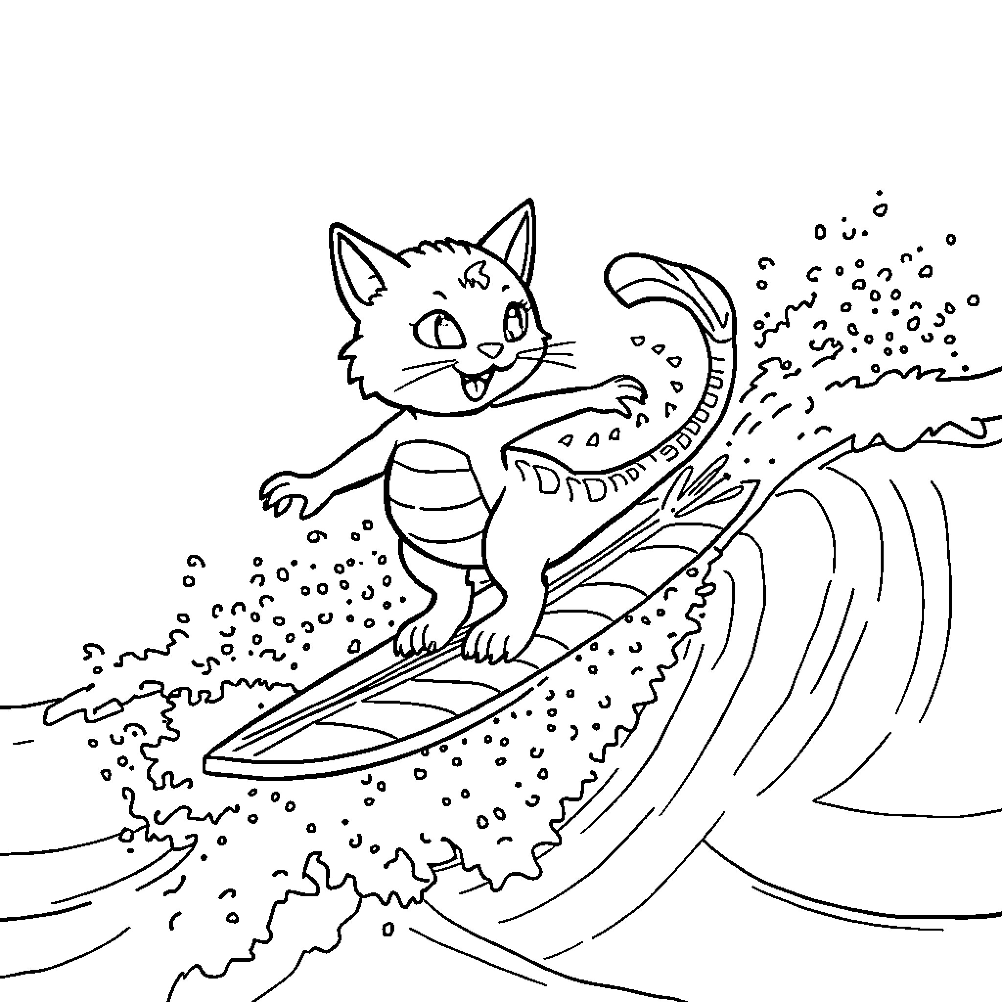 Mercat surfing happily in the waves Coloring Page (free black-and-white line drawing printable PDF for all, from beginners to advanced learners, including children, teens, adults, and seniors)