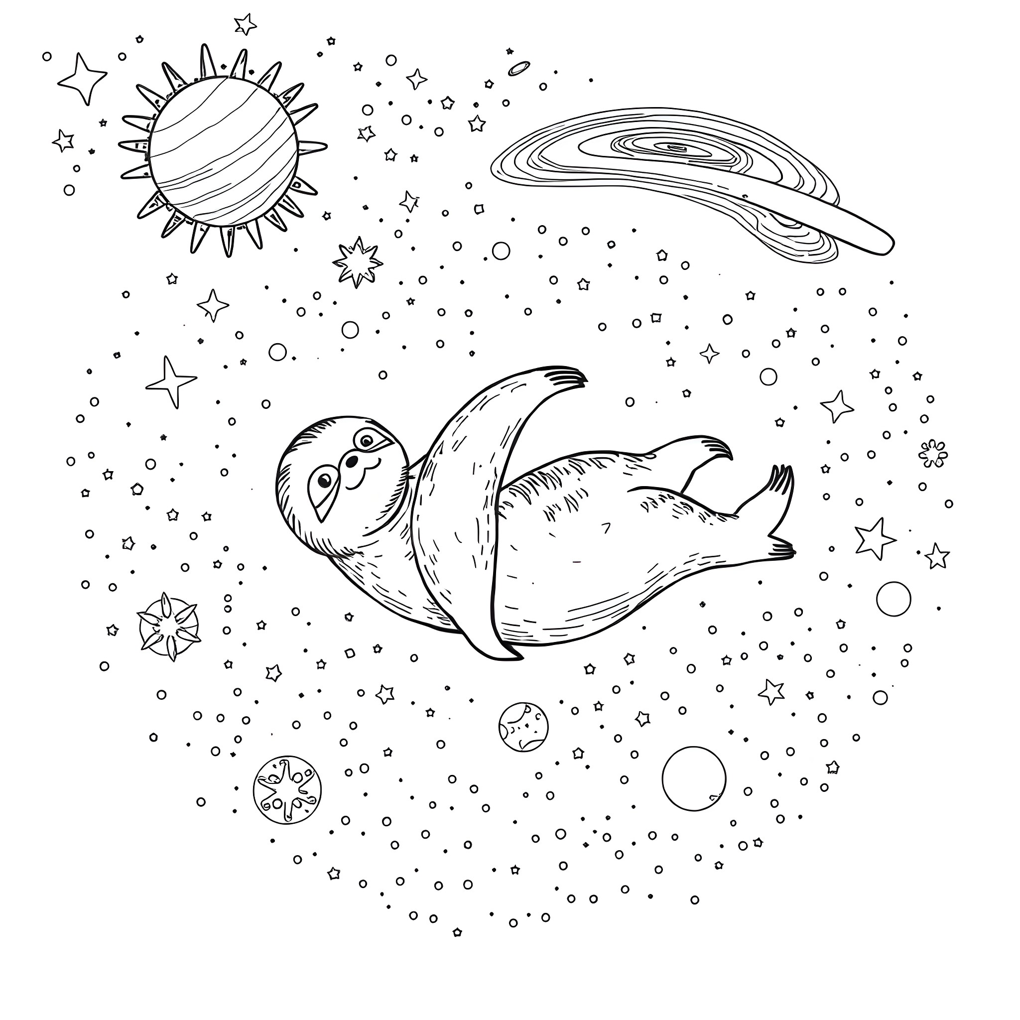 Sloth floating peacefully in cosmic space Coloring Page (free black-and-white line drawing printable PDF for all, from beginners to advanced learners, including children, teens, adults, and seniors)