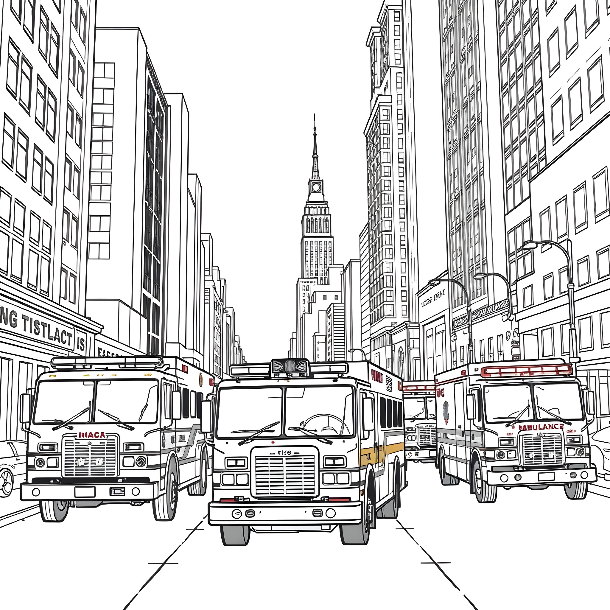 Vehicle emergency responders in the city streets Coloring Page (free black-and-white line drawing printable PDF for all, from beginners to advanced learners, including children, teens, adults, and seniors)