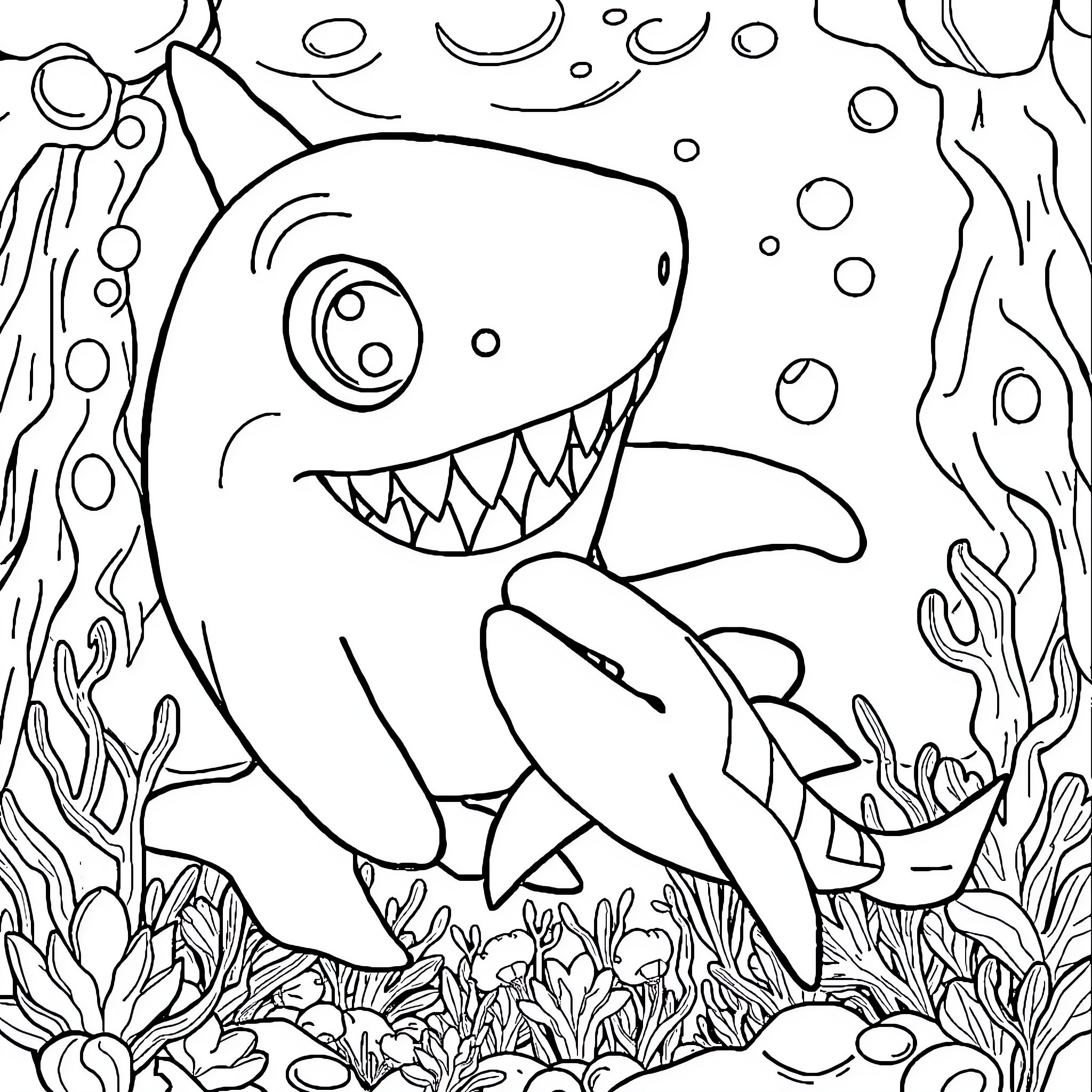 Clown shark playing in the vibrant underwater world Coloring Page (free black-and-white line drawing printable PDF for all, from beginners to advanced learners, including children, teens, adults, and seniors)