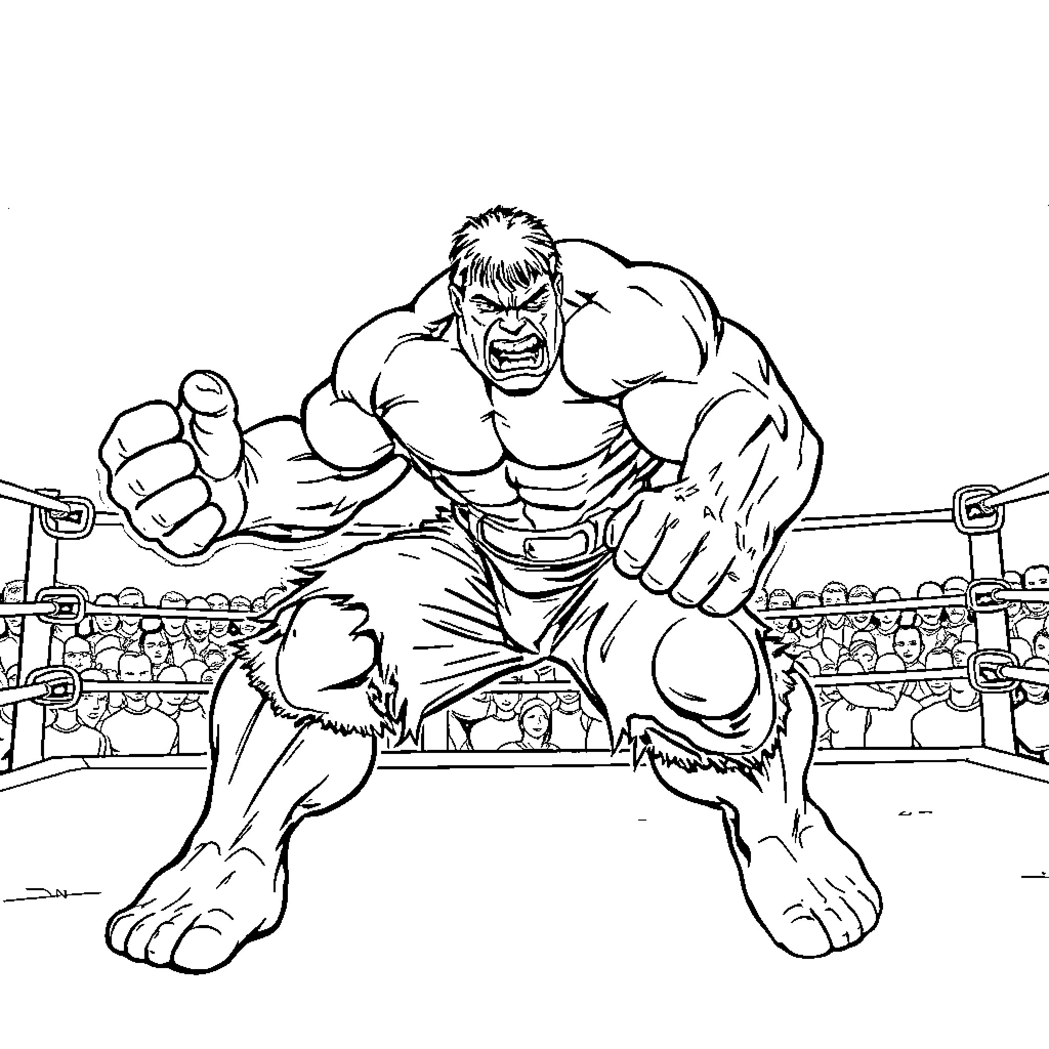 Hulk Smashes in the Wrestling Ring Coloring Page (free black-and-white line drawing printable PDF for all, from beginners to advanced learners, including children, teens, adults, and seniors)