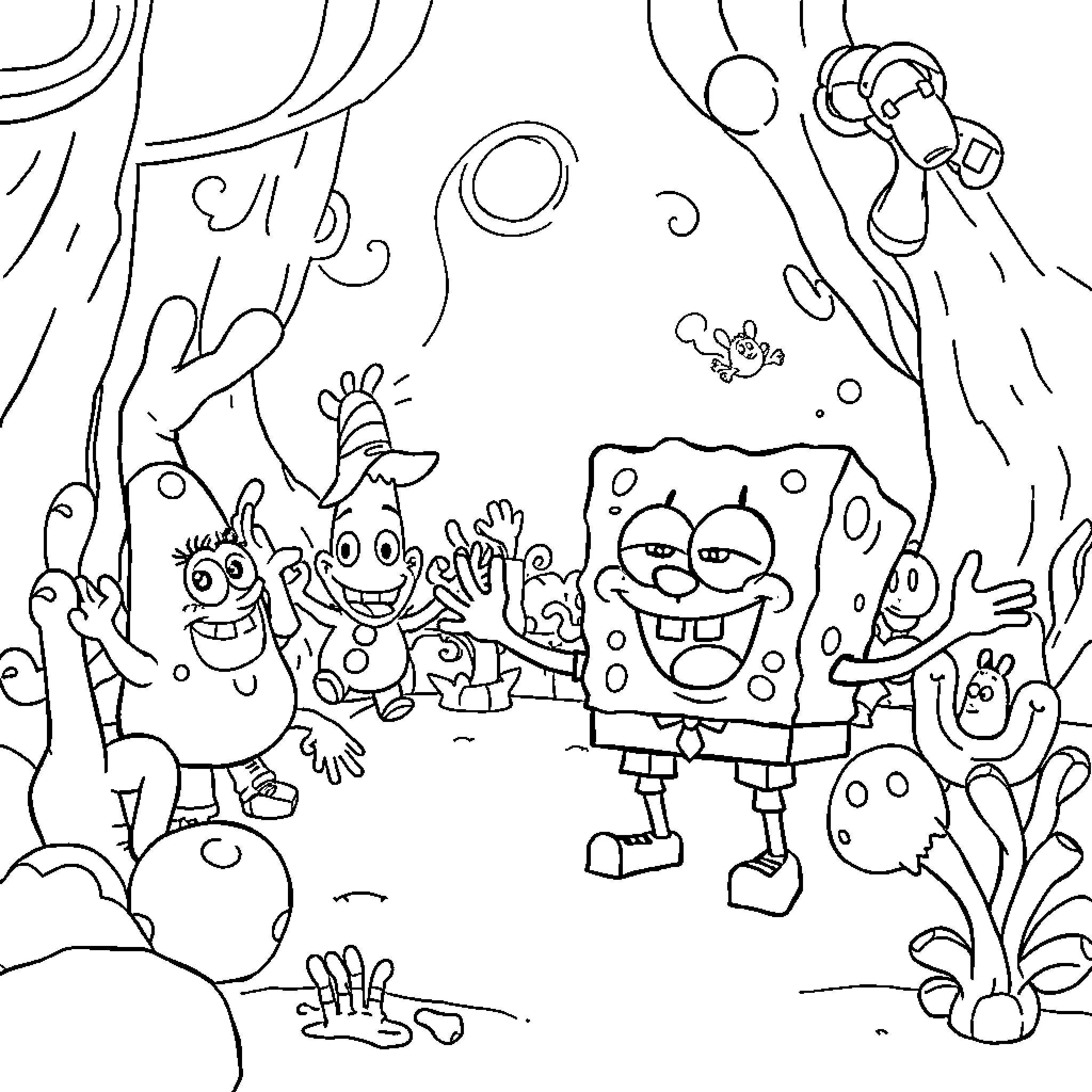 Spongebob and friends in a festive celebration Coloring Page (free black-and-white line drawing printable PDF for all, from beginners to advanced learners, including children, teens, adults, and seniors)