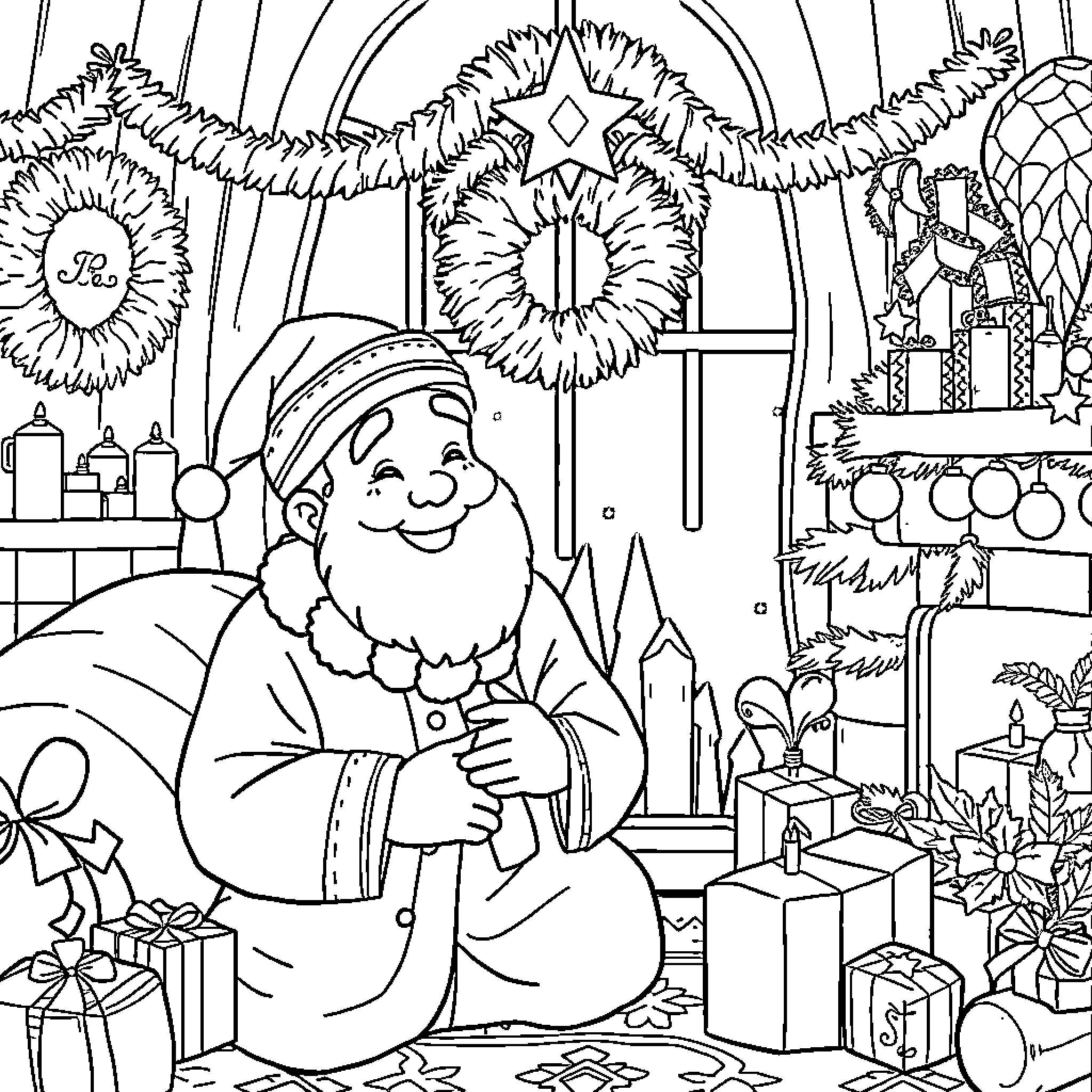 Rumi in a cozy Christmas scene Coloring Page (free black-and-white line drawing printable PDF for all, from beginners to advanced learners, including children, teens, adults, and seniors)