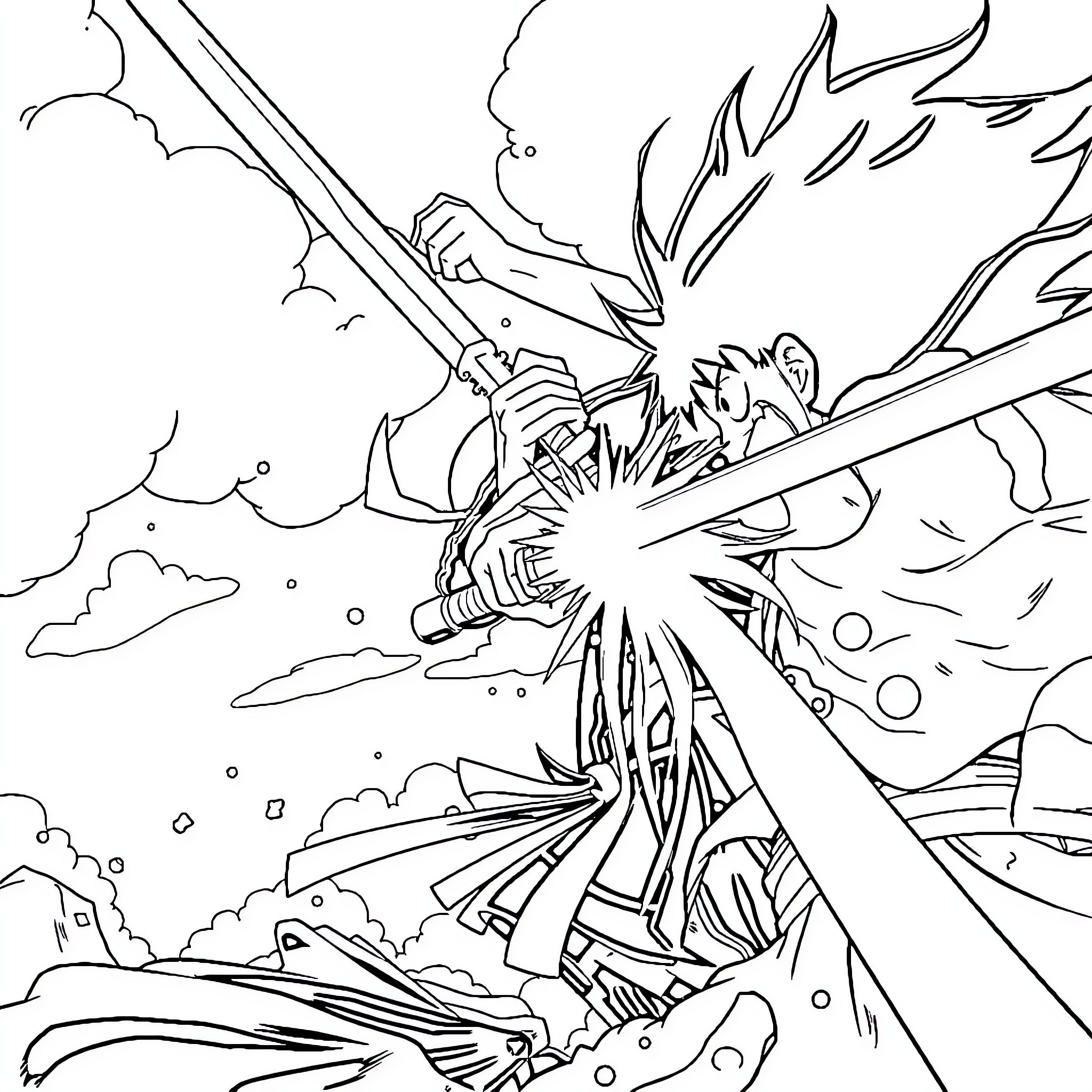 Samurai engaged in fierce battle with mythical creature Coloring Page (free black-and-white line drawing printable PDF for all, from beginners to advanced learners, including children, teens, adults, and seniors)