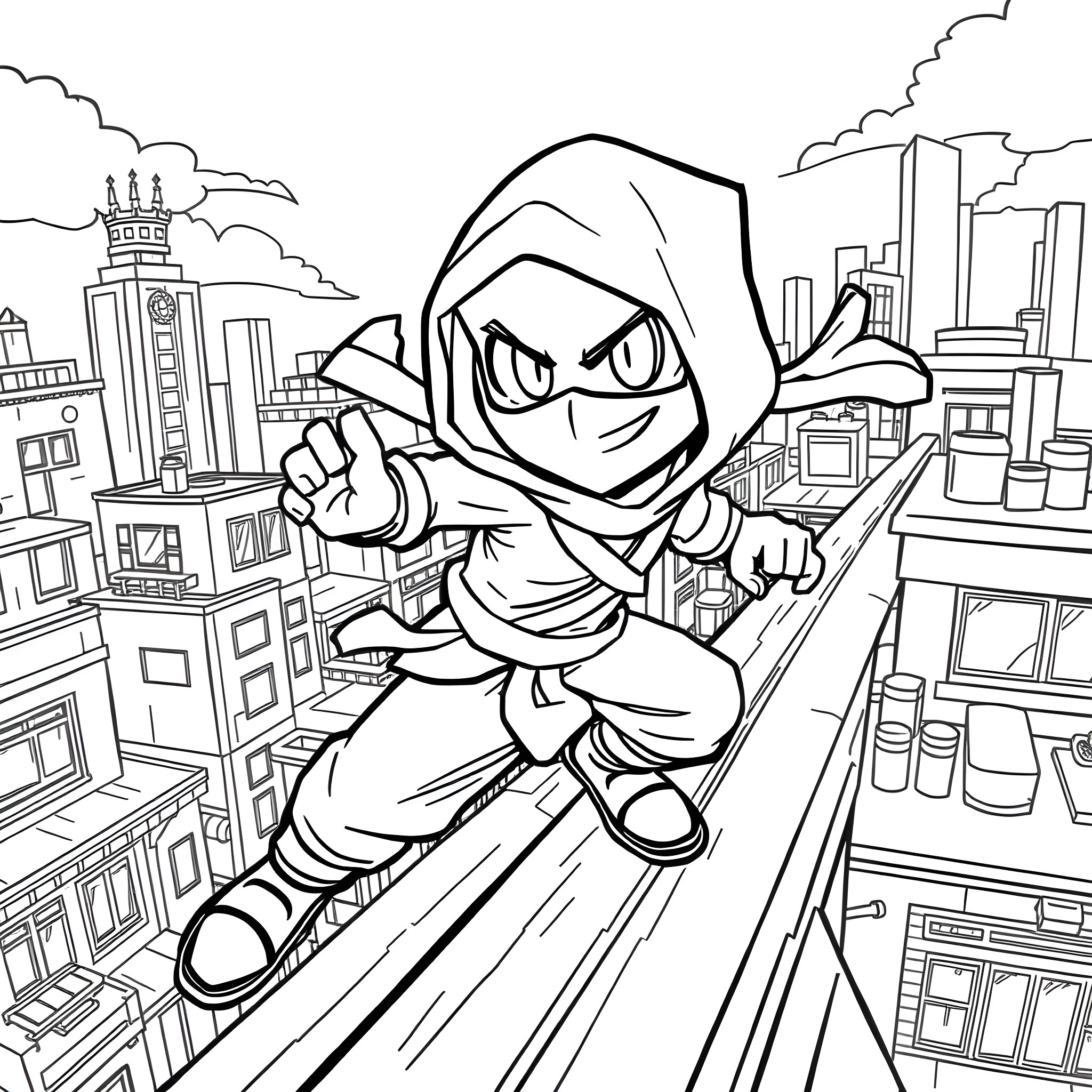 Kaze's Heroic Leap Through the Cityscape Coloring Page (free black-and-white line drawing printable PDF for all, from beginners to advanced learners, including children, teens, adults, and seniors)