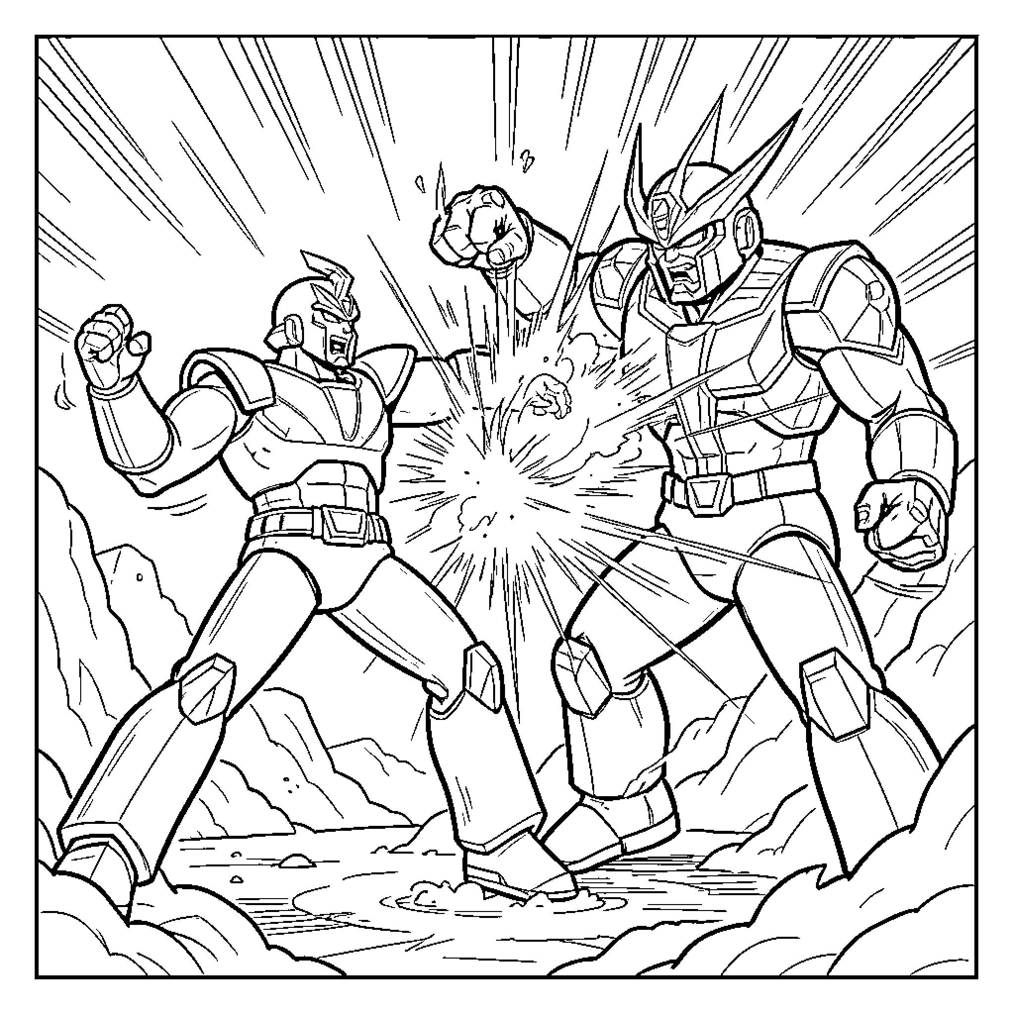 Goldorak engaging in an intense battle against a rival Coloring Page (free black-and-white line drawing printable PDF for all, from beginners to advanced learners, including children, teens, adults, and seniors)