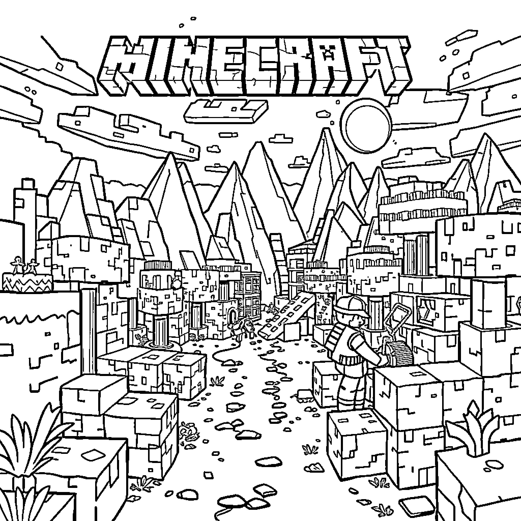 Minecraft cityscape with mountains and sun Coloring Page (free black-and-white line drawing printable PDF for all, from beginners to advanced learners, including children, teens, adults, and seniors)