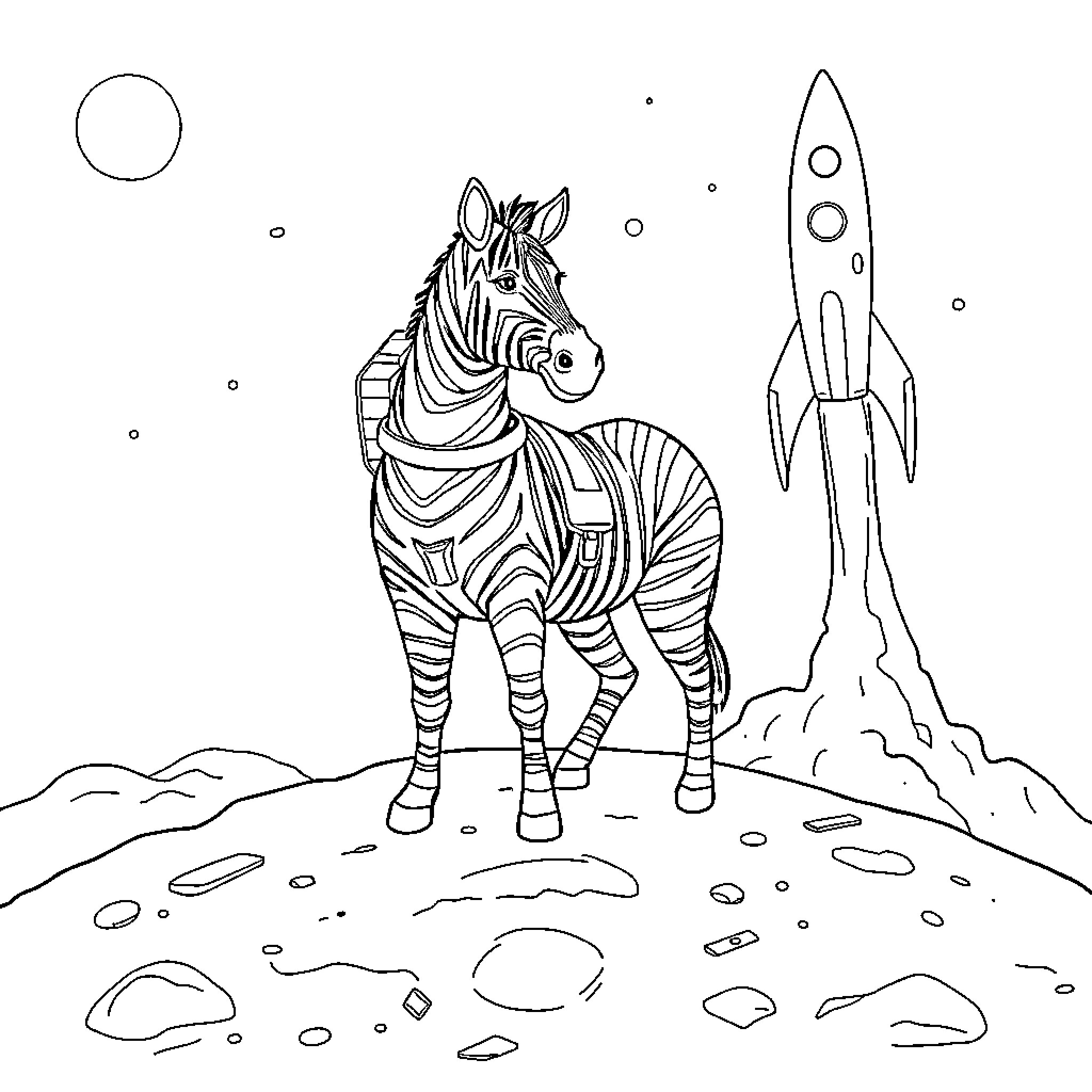 Zebra in space with rocket ship Coloring Page (free black-and-white line drawing printable PDF for all, from beginners to advanced learners, including children, teens, adults, and seniors)