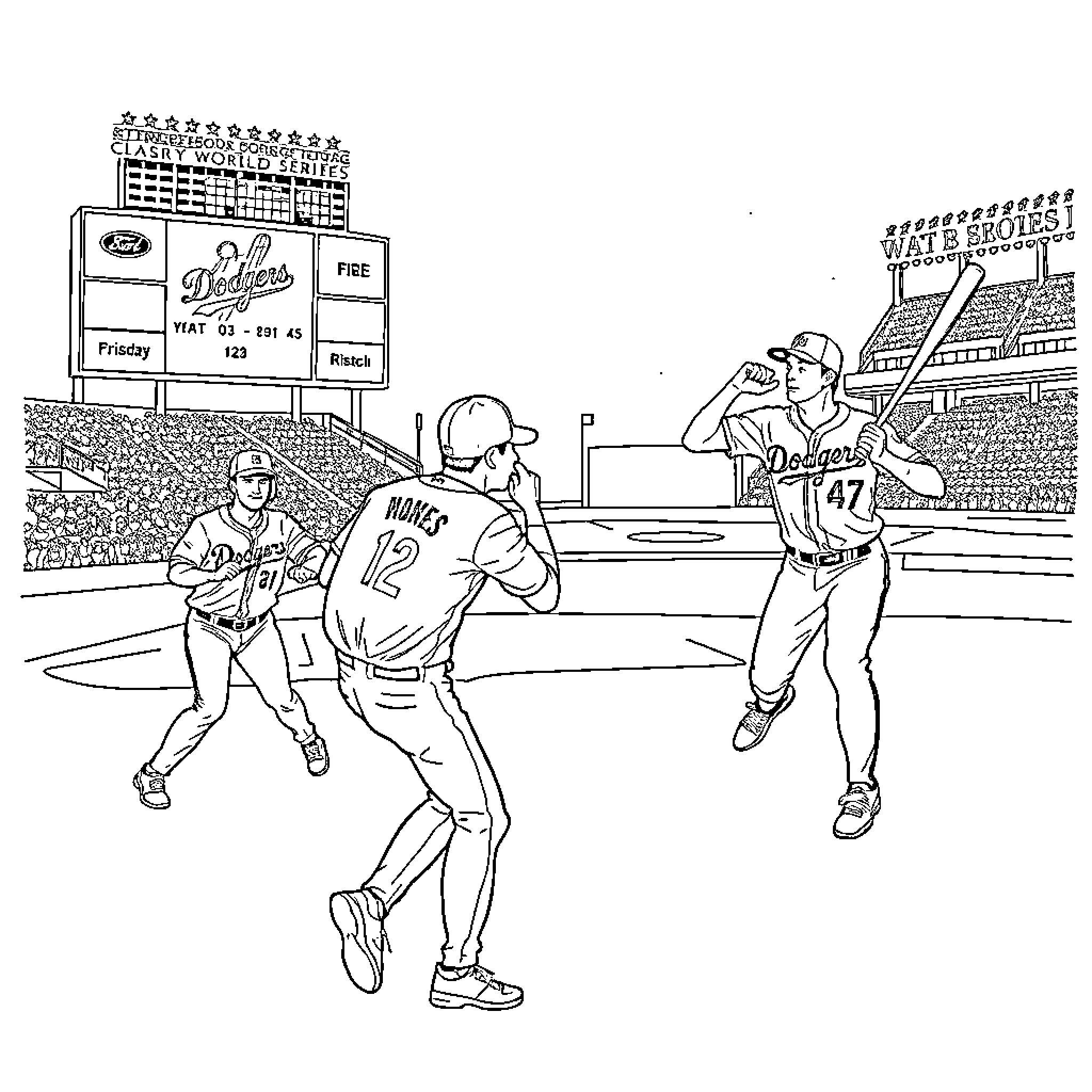 Dodger players in action at the baseball stadium Coloring Page (free black-and-white line drawing printable PDF for all, from beginners to advanced learners, including children, teens, adults, and seniors)