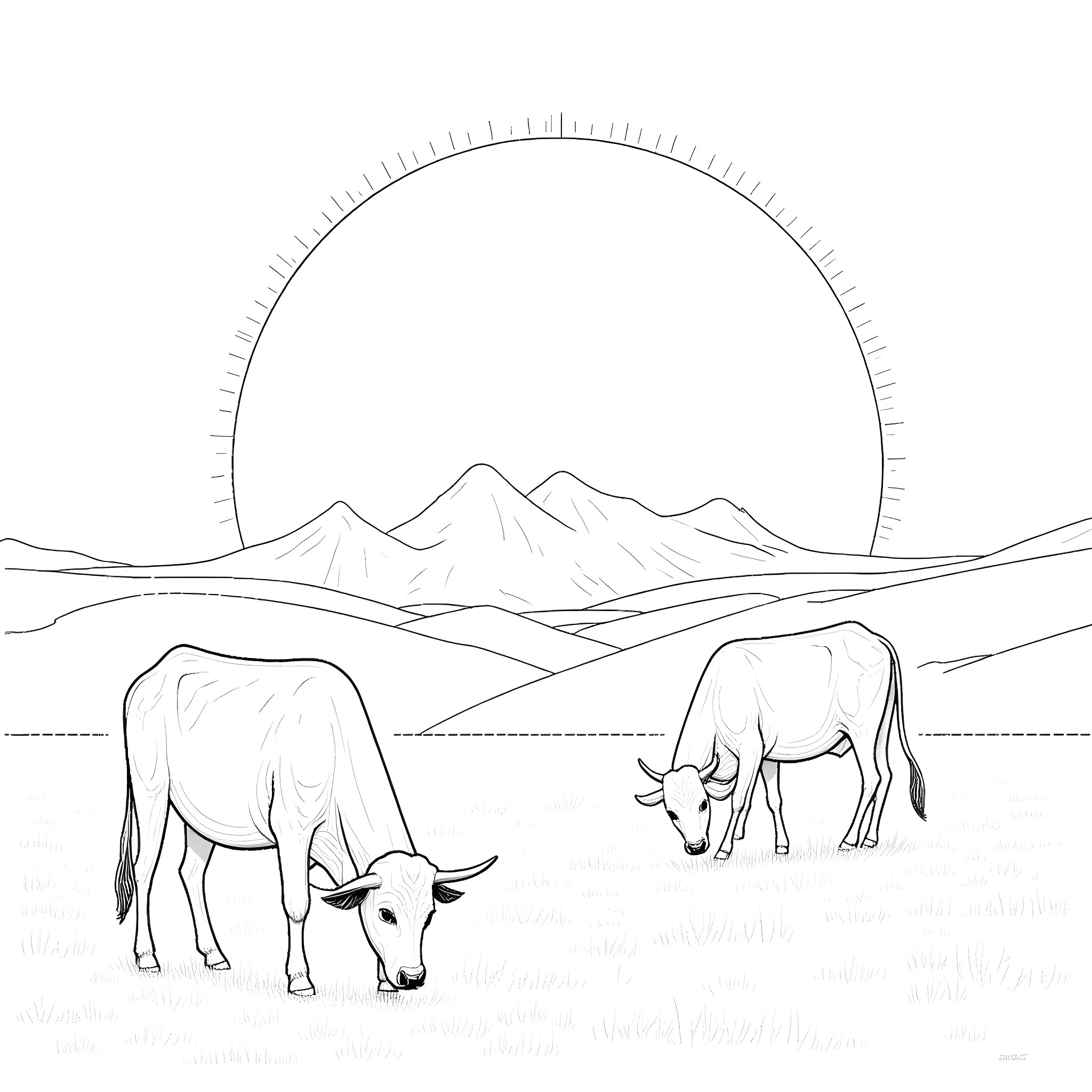 Longhorn cattle grazing in a mountain landscape Coloring Page (free black-and-white line drawing printable PDF for all, from beginners to advanced learners, including children, teens, adults, and seniors)