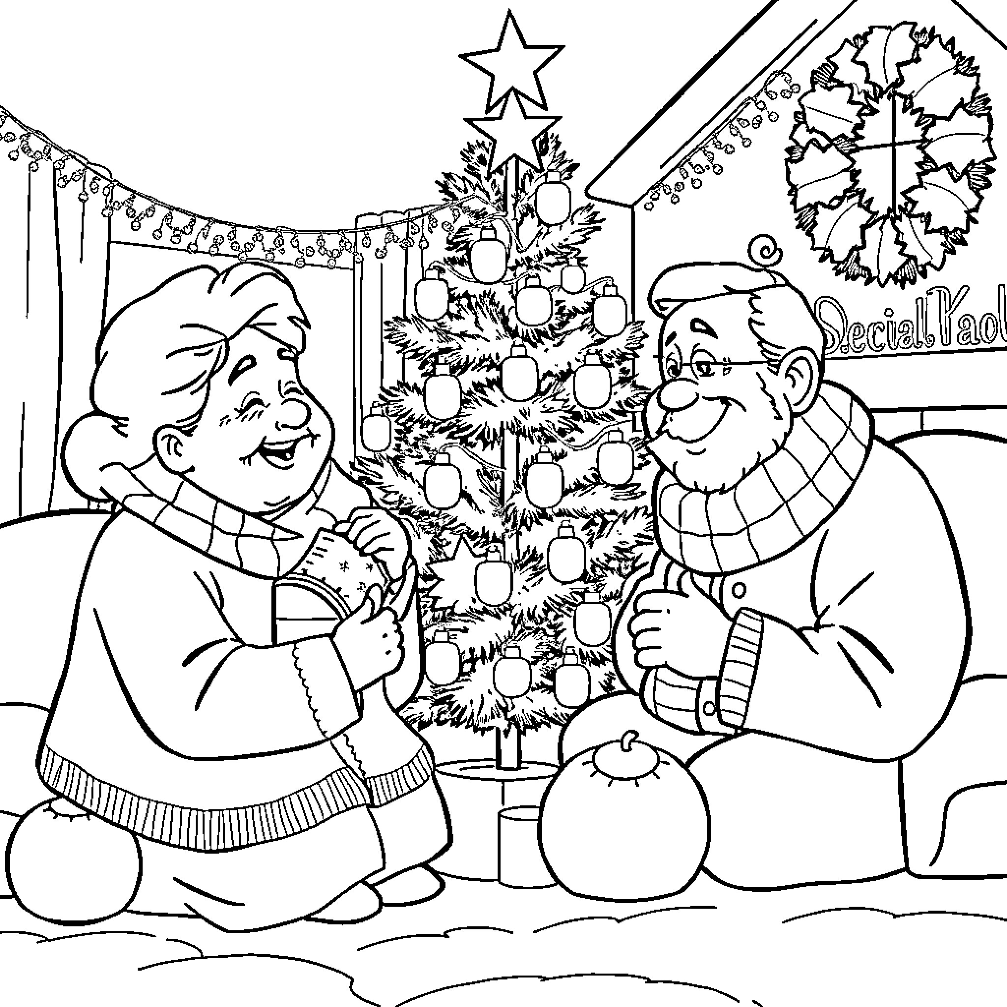 Grandparents decorating Christmas tree together Coloring Page (free black-and-white line drawing printable PDF for all, from beginners to advanced learners, including children, teens, adults, and seniors)