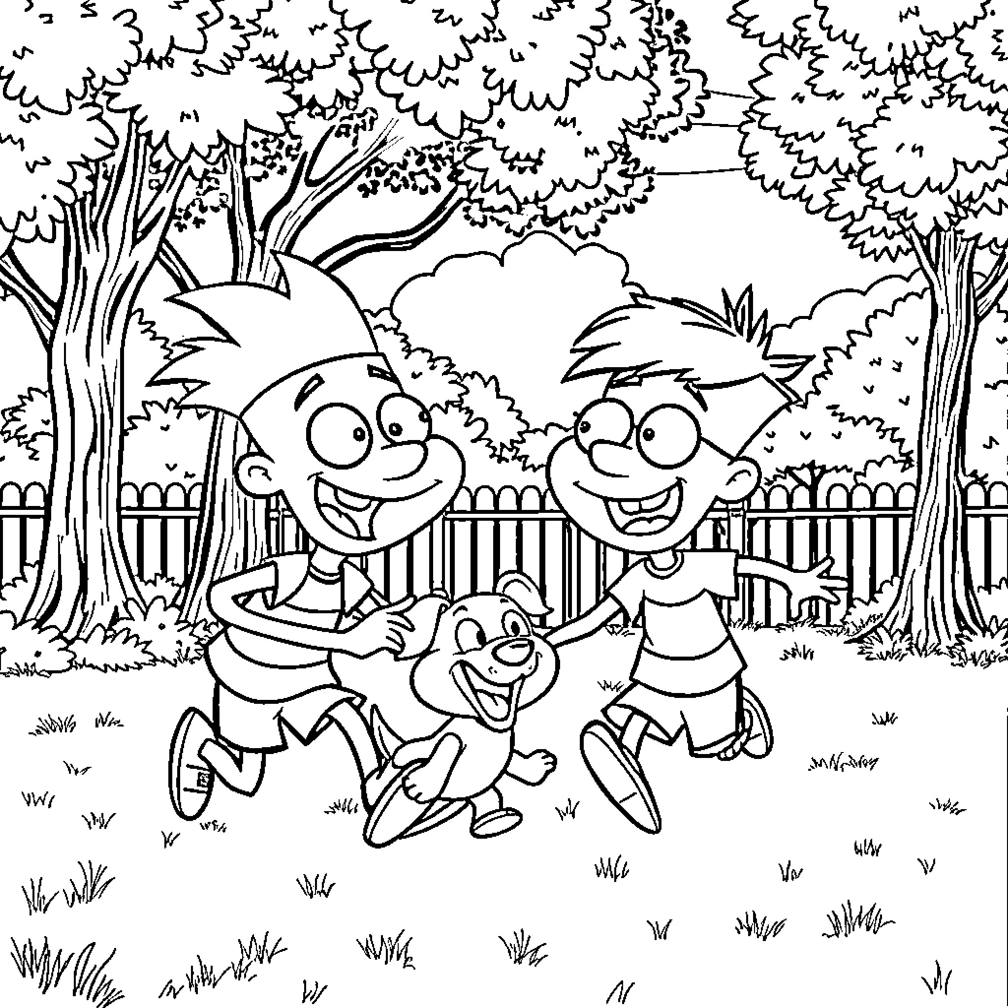 Phineas and Ferb's Joyful Outdoor Adventure Coloring Page (free black-and-white line drawing printable PDF for all, from beginners to advanced learners, including children, teens, adults, and seniors)