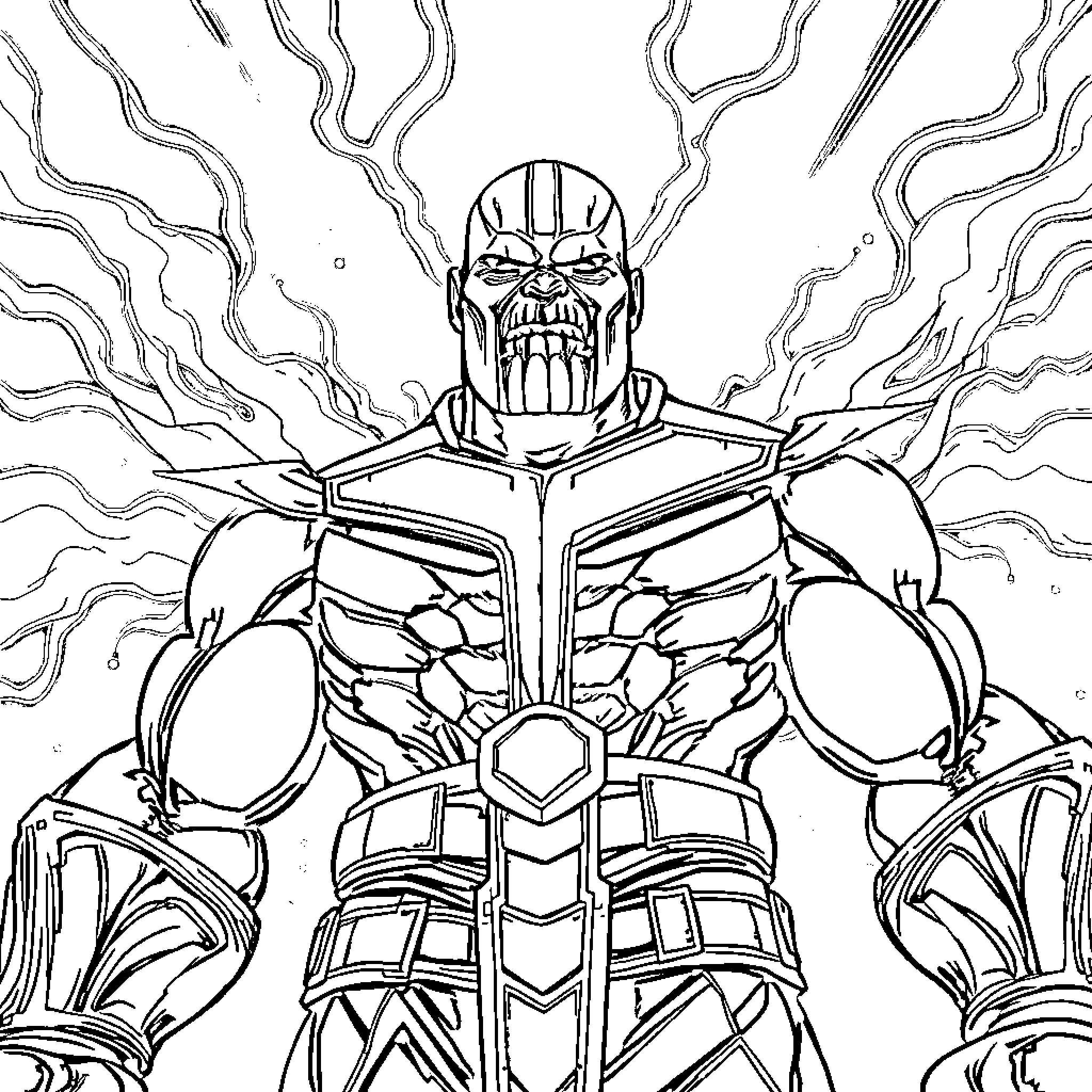 Thanos, the Powerful Titan's Menacing Presence Coloring Page (free black-and-white line drawing printable PDF for all, from beginners to advanced learners, including children, teens, adults, and seniors)