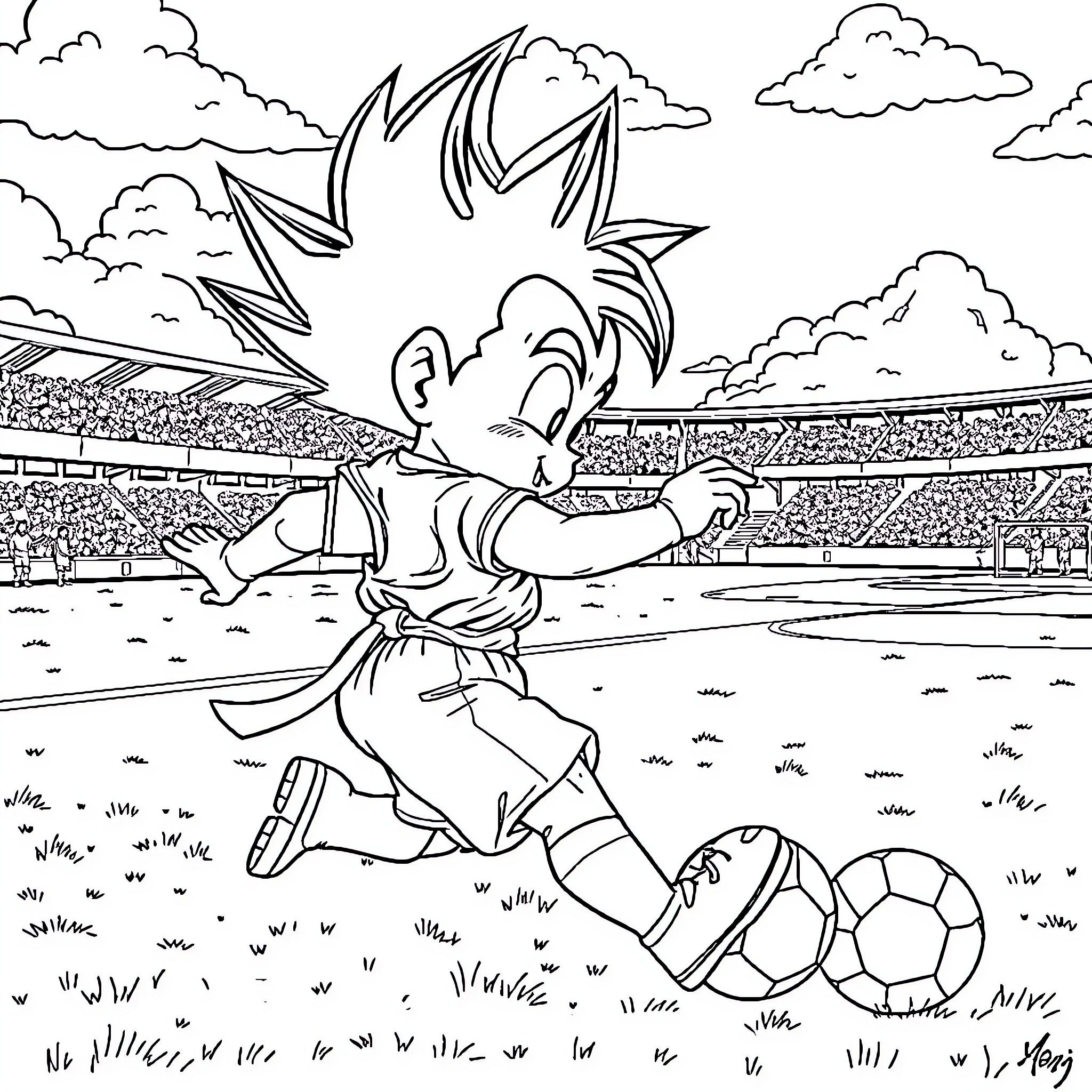 Gohan playing soccer energetically on the field Coloring Page (free black-and-white line drawing printable PDF for all, from beginners to advanced learners, including children, teens, adults, and seniors)