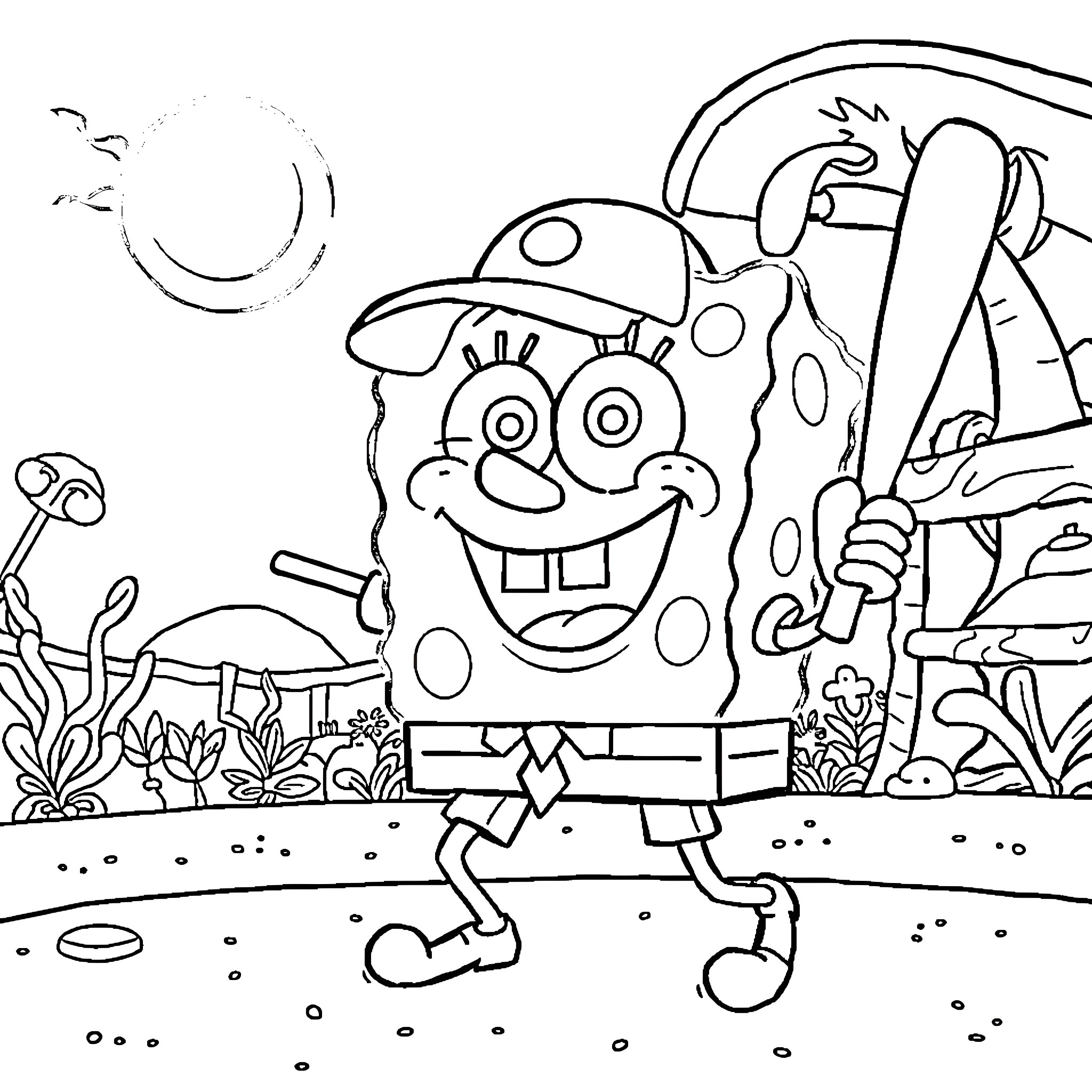 Spongebob dancing joyfully in his underwater home Coloring Page (free black-and-white line drawing printable PDF for all, from beginners to advanced learners, including children, teens, adults, and seniors)