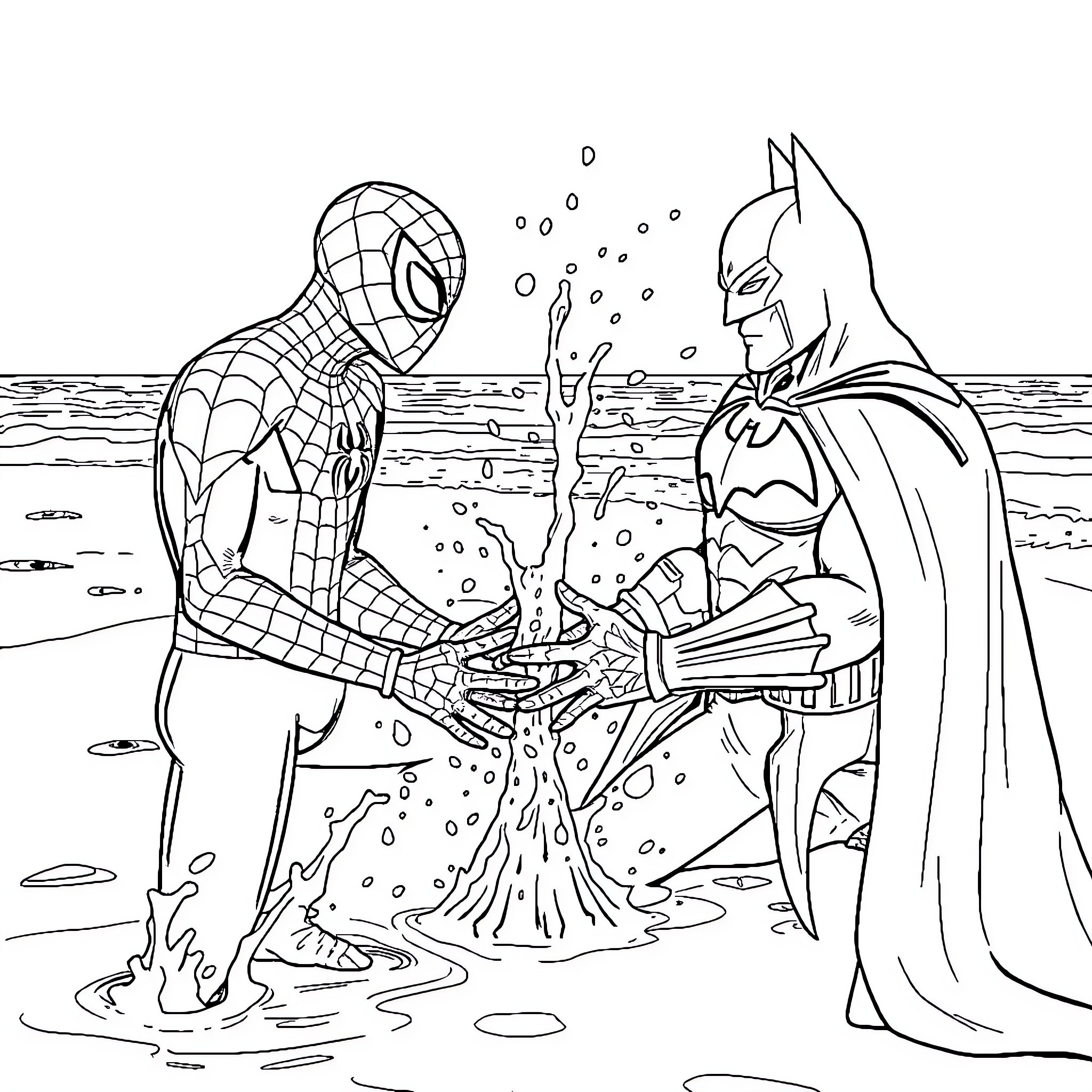 Spiderman and Batman in wet encounter Coloring Page (free black-and-white line drawing printable PDF for all, from beginners to advanced learners, including children, teens, adults, and seniors)