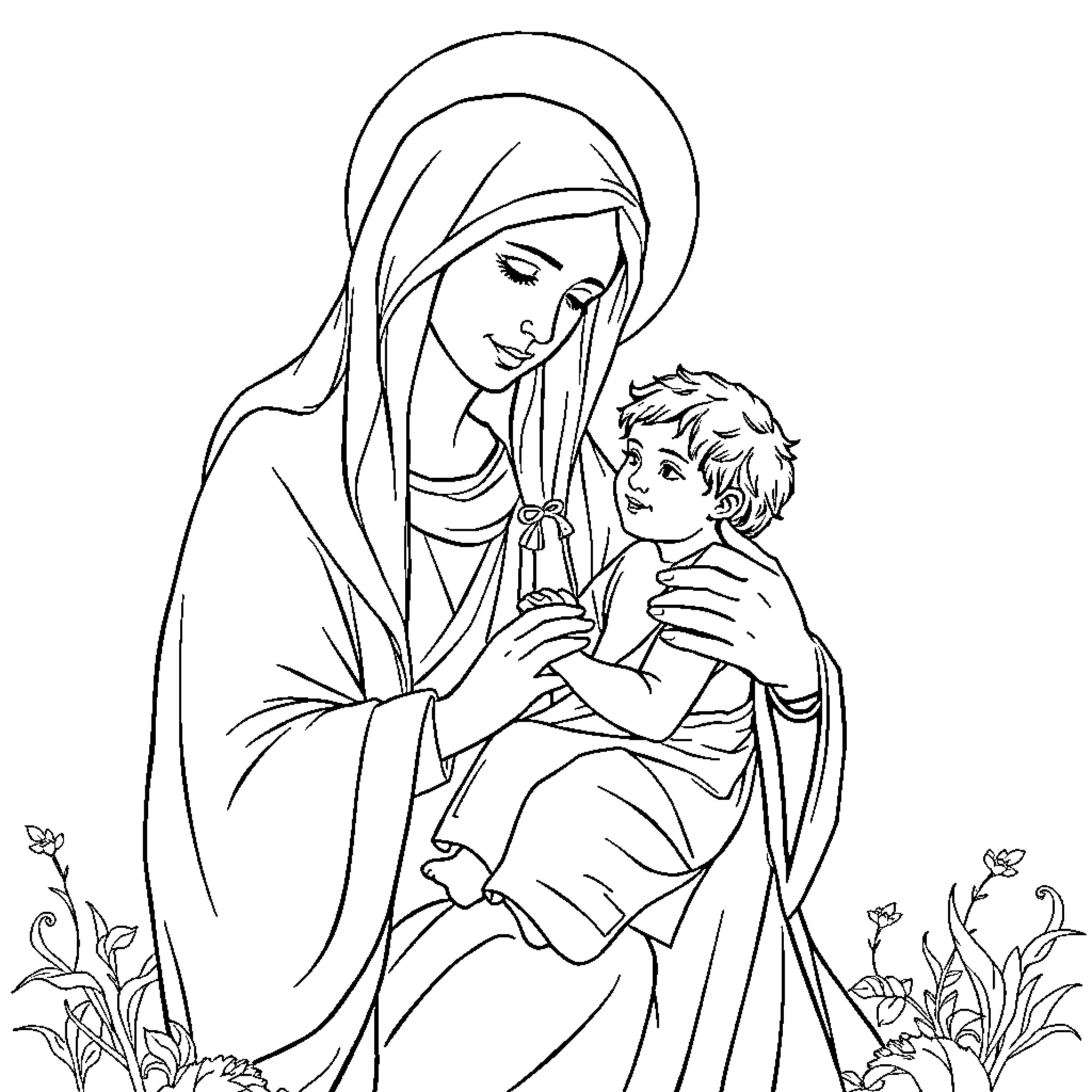 Mother and Child in Serene Setting Coloring Page (free black-and-white line drawing printable PDF for all, from beginners to advanced learners, including children, teens, adults, and seniors)