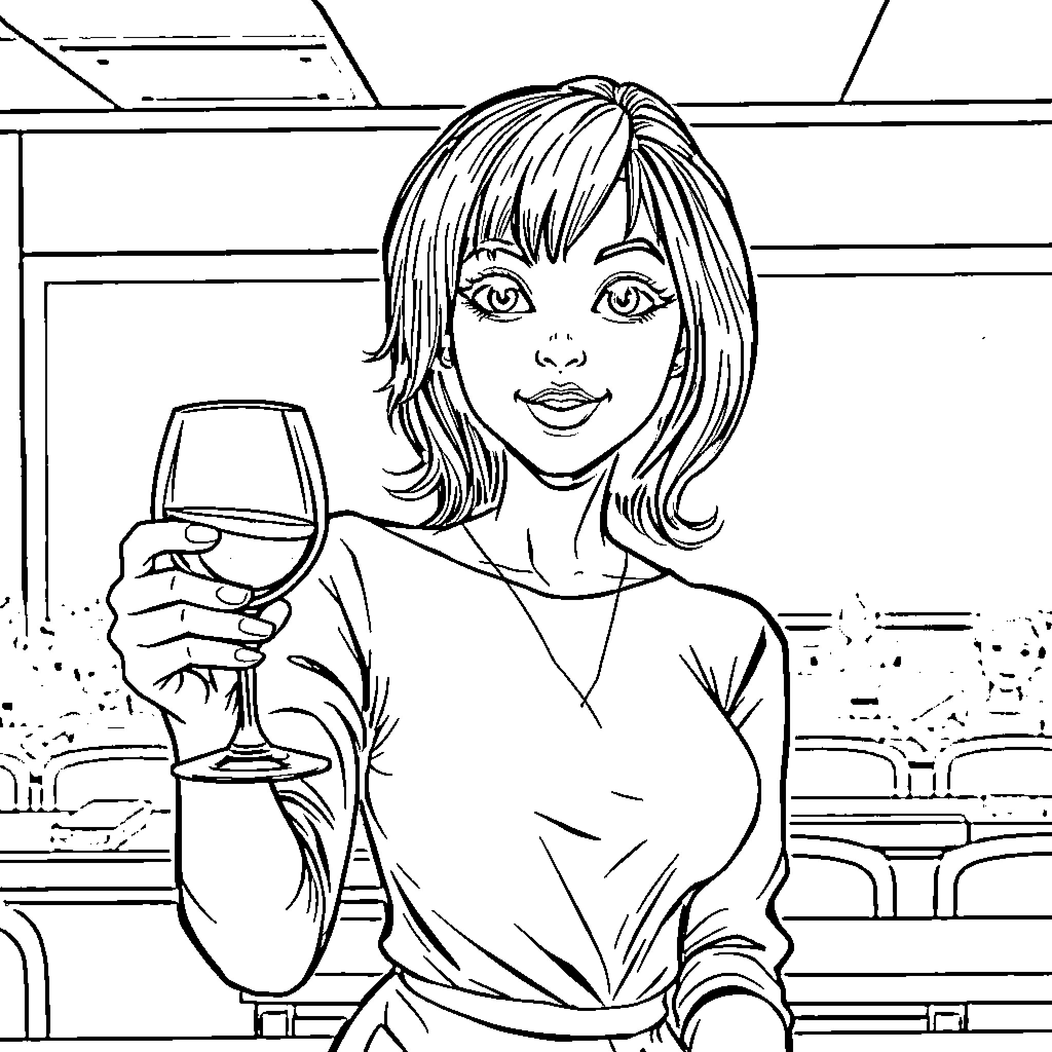 Woman enjoying a glass of wine in a cafe Coloring Page (free black-and-white line drawing printable PDF for all, from beginners to advanced learners, including children, teens, adults, and seniors)