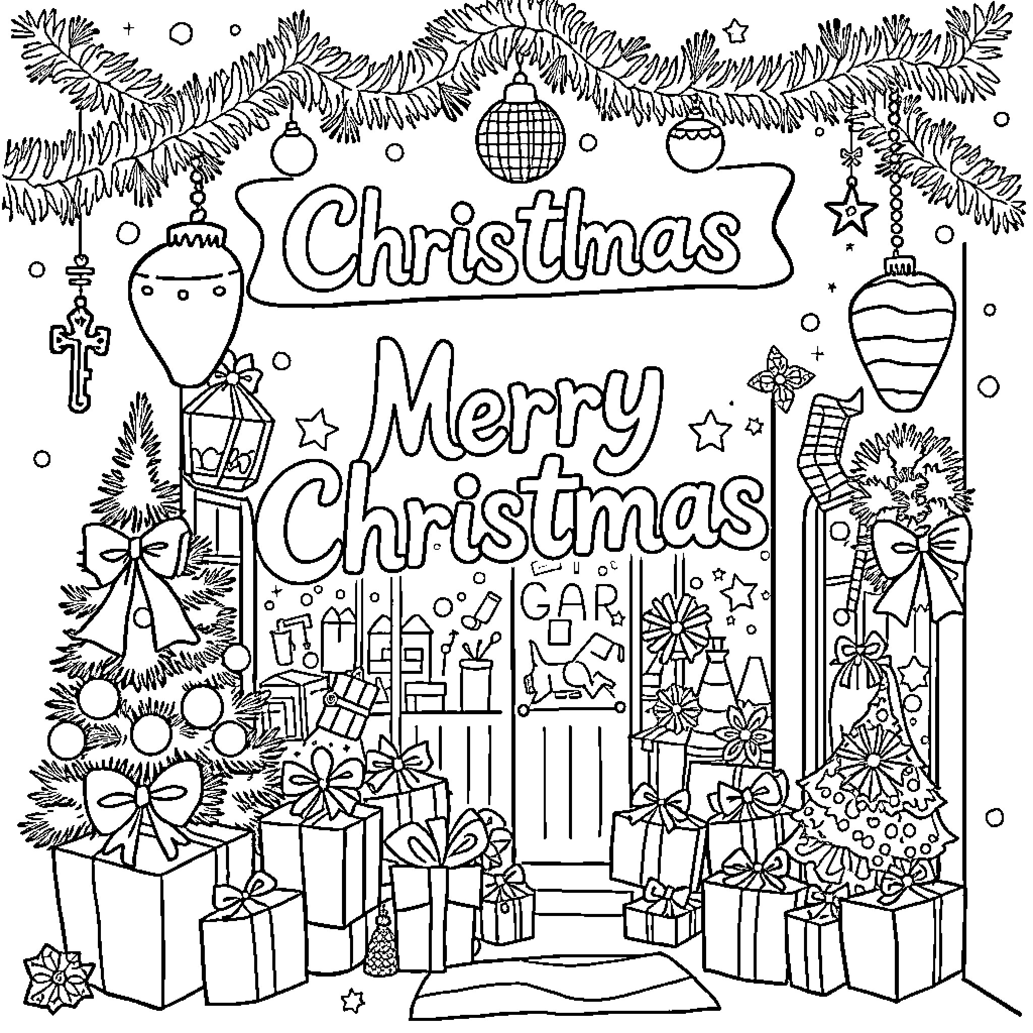Christmas Merry Celebration with Ornaments and Gifts Coloring Page (free black-and-white line drawing printable PDF for all, from beginners to advanced learners, including children, teens, adults, and seniors)