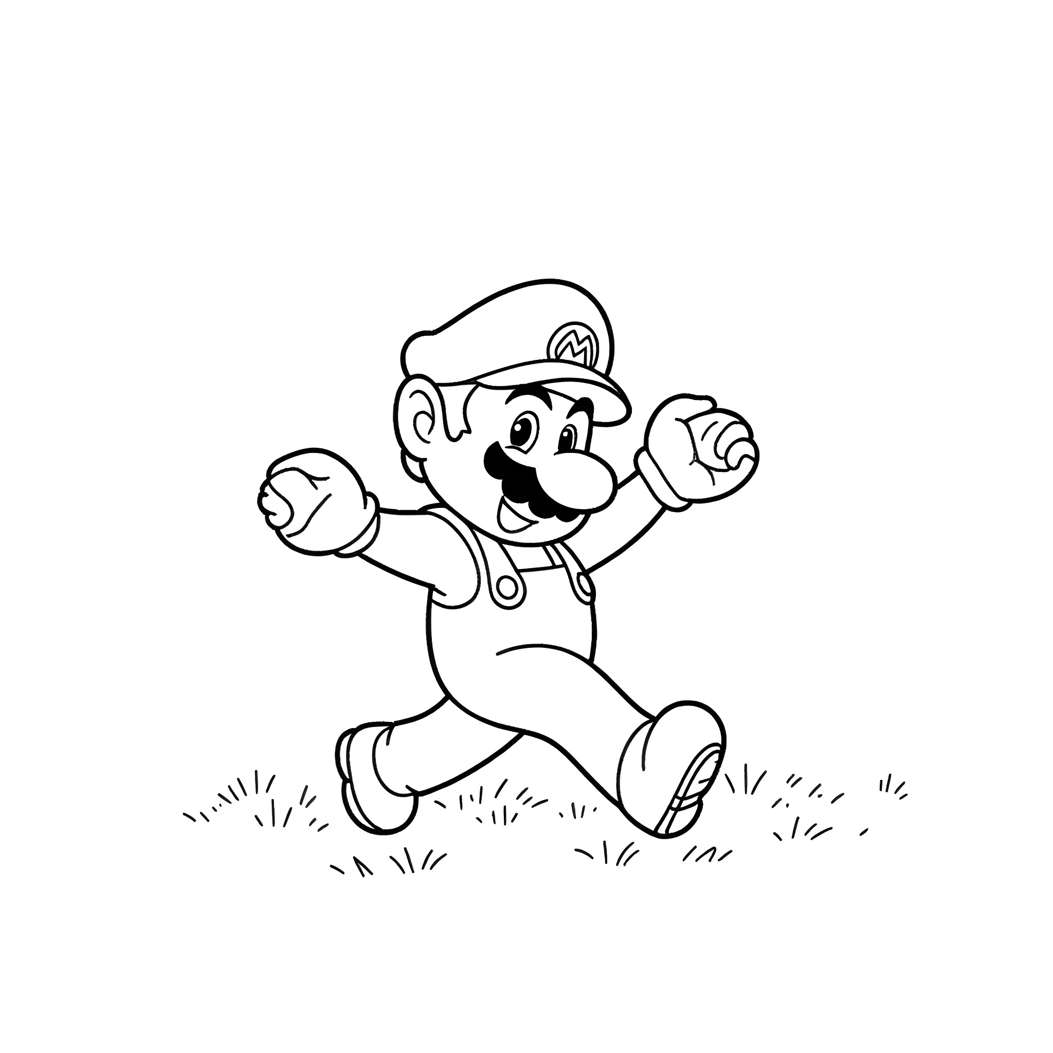 Mario running happily in the field Coloring Page (free black-and-white line drawing printable PDF for all, from beginners to advanced learners, including children, teens, adults, and seniors)