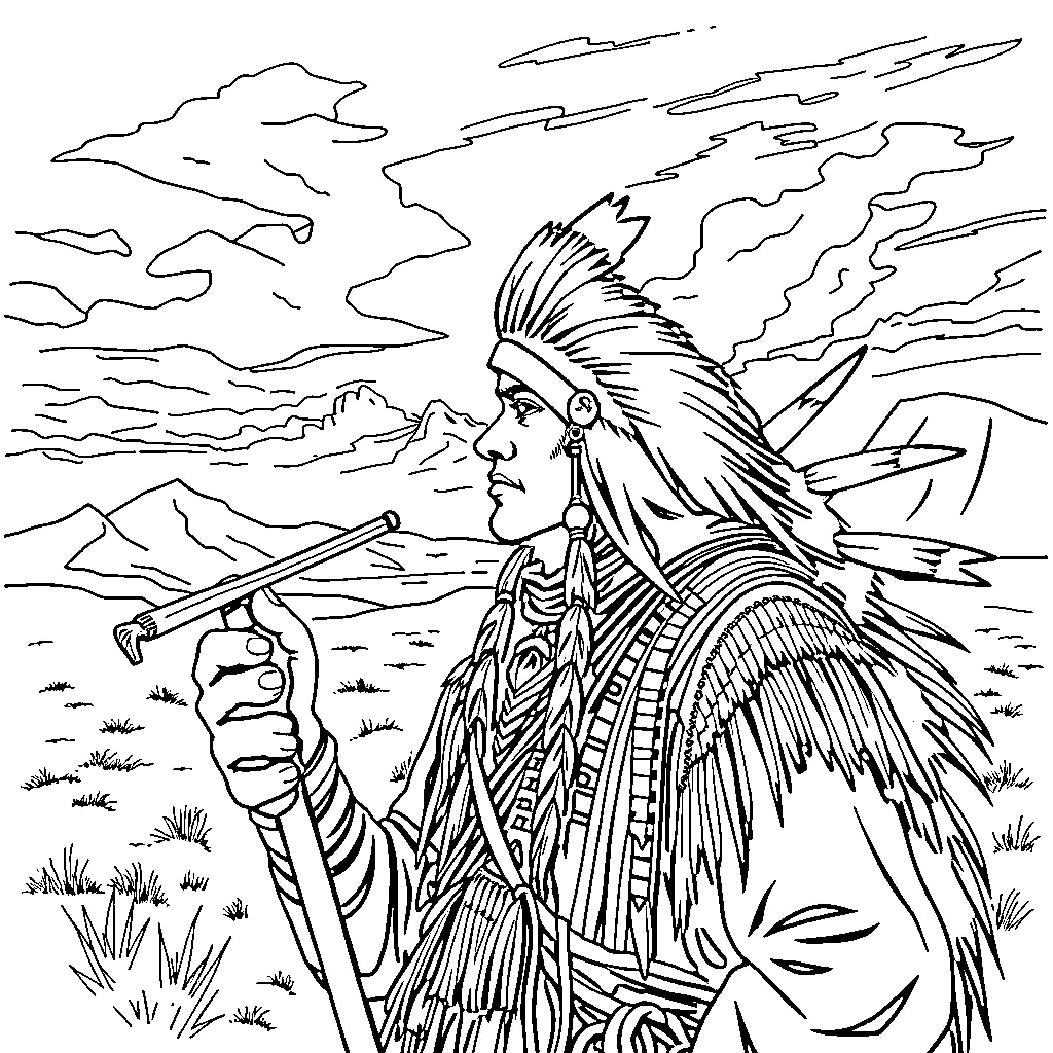 Navajo Cod Talker in traditional attire with weapon Coloring Page (free black-and-white line drawing printable PDF for all, from beginners to advanced learners, including children, teens, adults, and seniors)