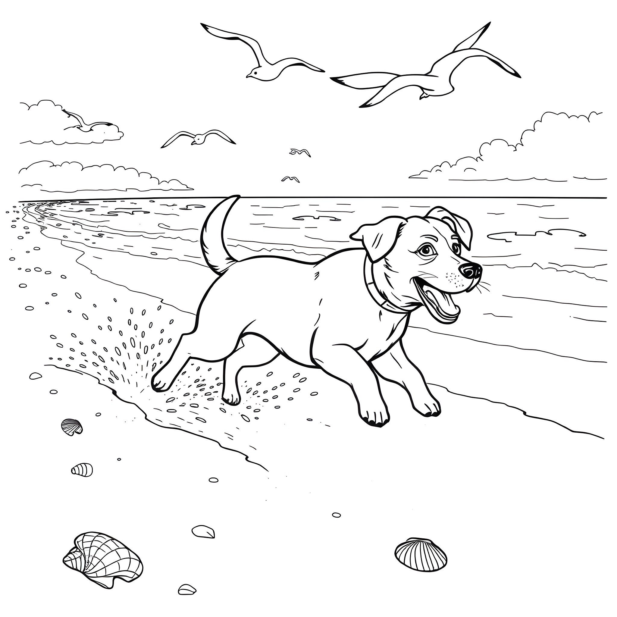 Dog playing happily on the beach Coloring Page (free black-and-white line drawing printable PDF for all, from beginners to advanced learners, including children, teens, adults, and seniors)
