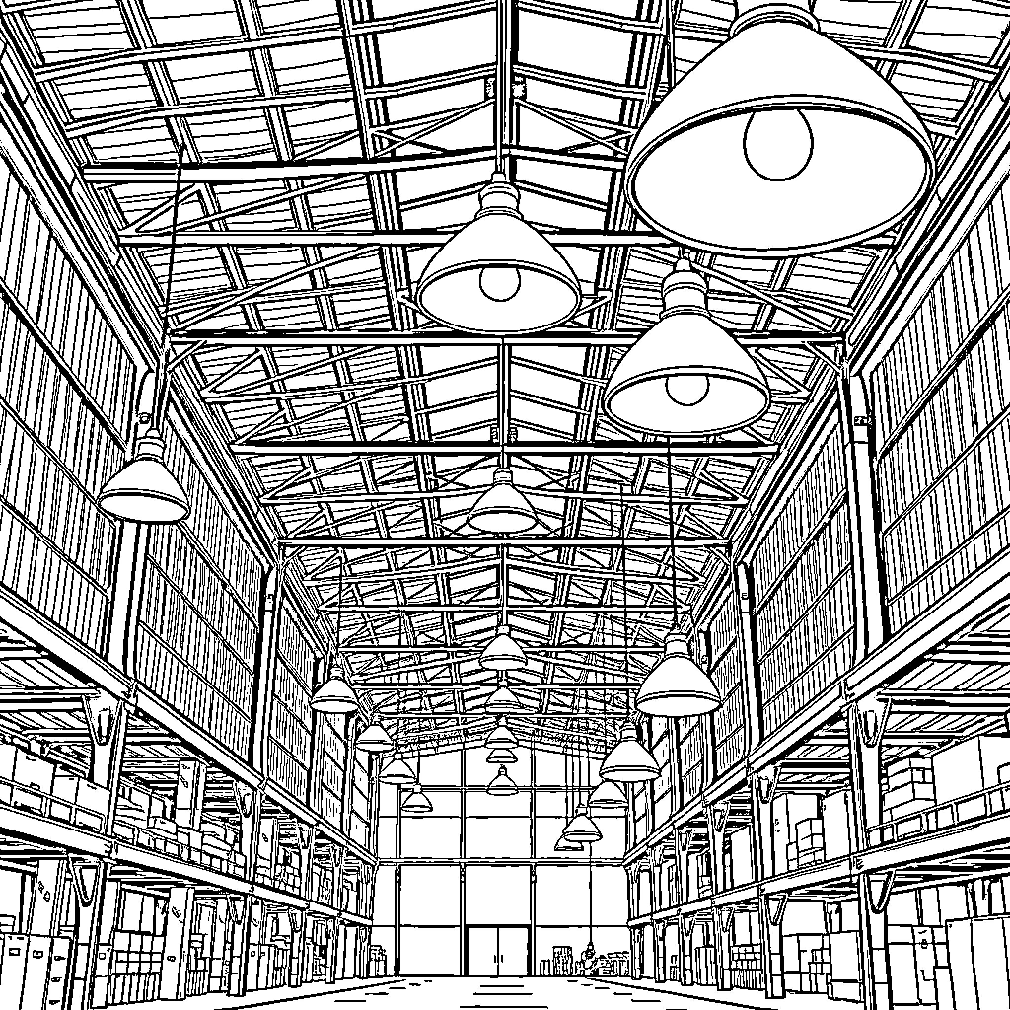 Lamp-lit industrial warehouse interior Coloring Page (free black-and-white line drawing printable PDF for all, from beginners to advanced learners, including children, teens, adults, and seniors)