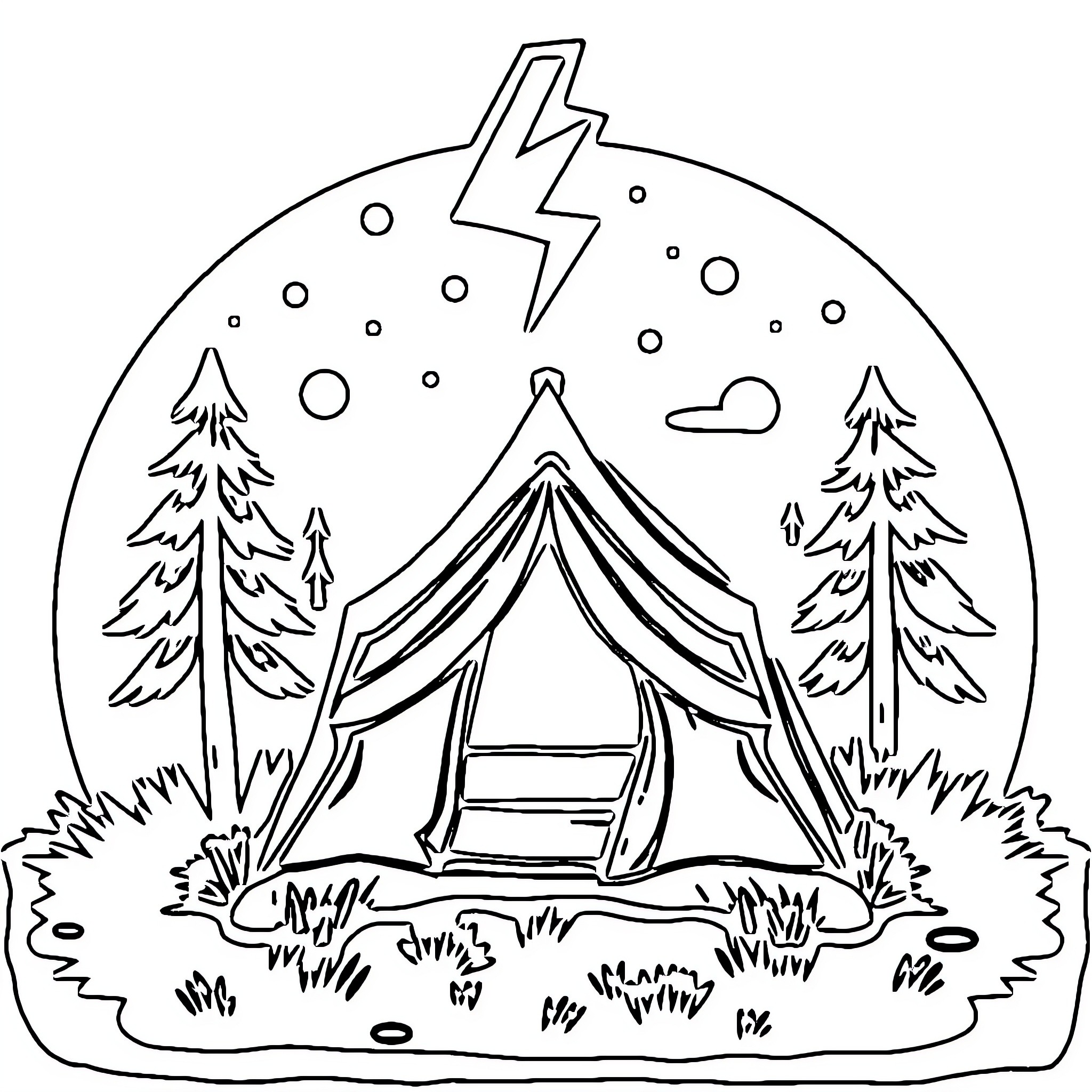 Badge of Camping Adventure in Snowy Forest Coloring Page (free black-and-white line drawing printable PDF for all, from beginners to advanced learners, including children, teens, adults, and seniors)