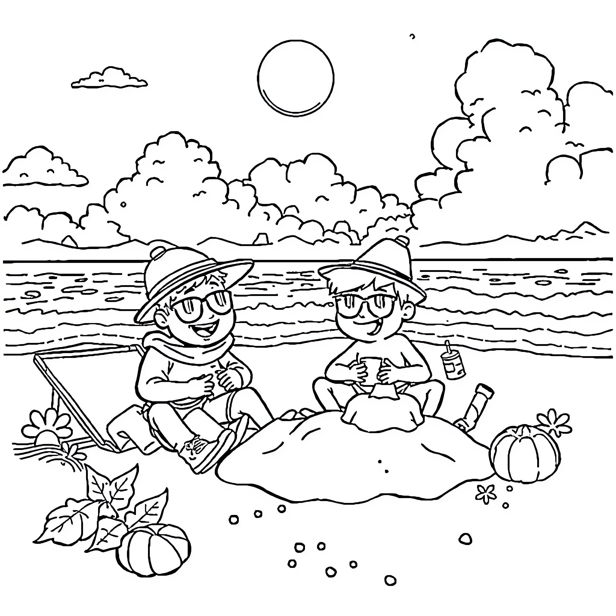 Fall Guys relaxing on the beach with toys and snacks Coloring Page (free black-and-white line drawing printable PDF for all, from beginners to advanced learners, including children, teens, adults, and seniors)