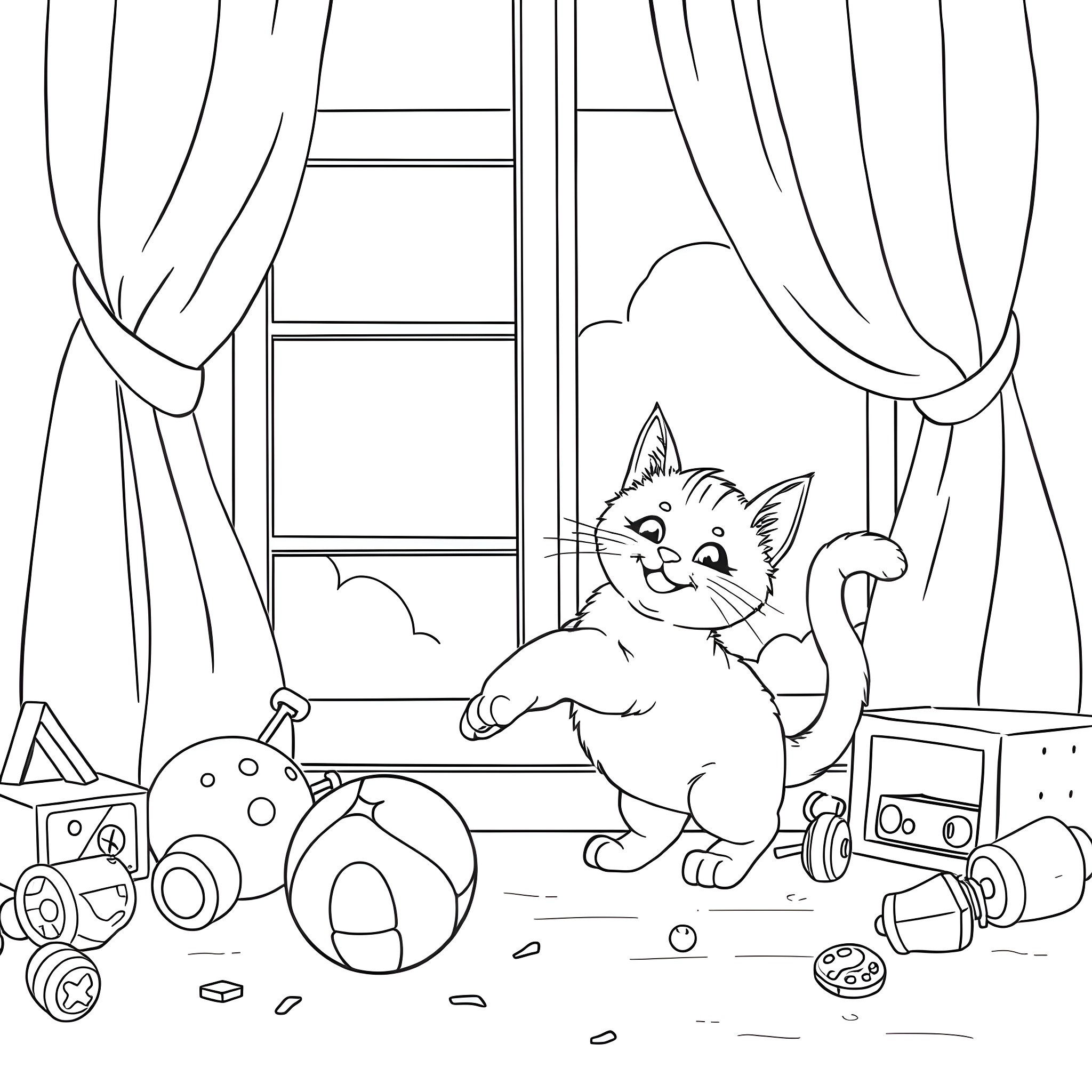Cat playing with toys in a room Coloring Page (free black-and-white line drawing printable PDF for all, from beginners to advanced learners, including children, teens, adults, and seniors)