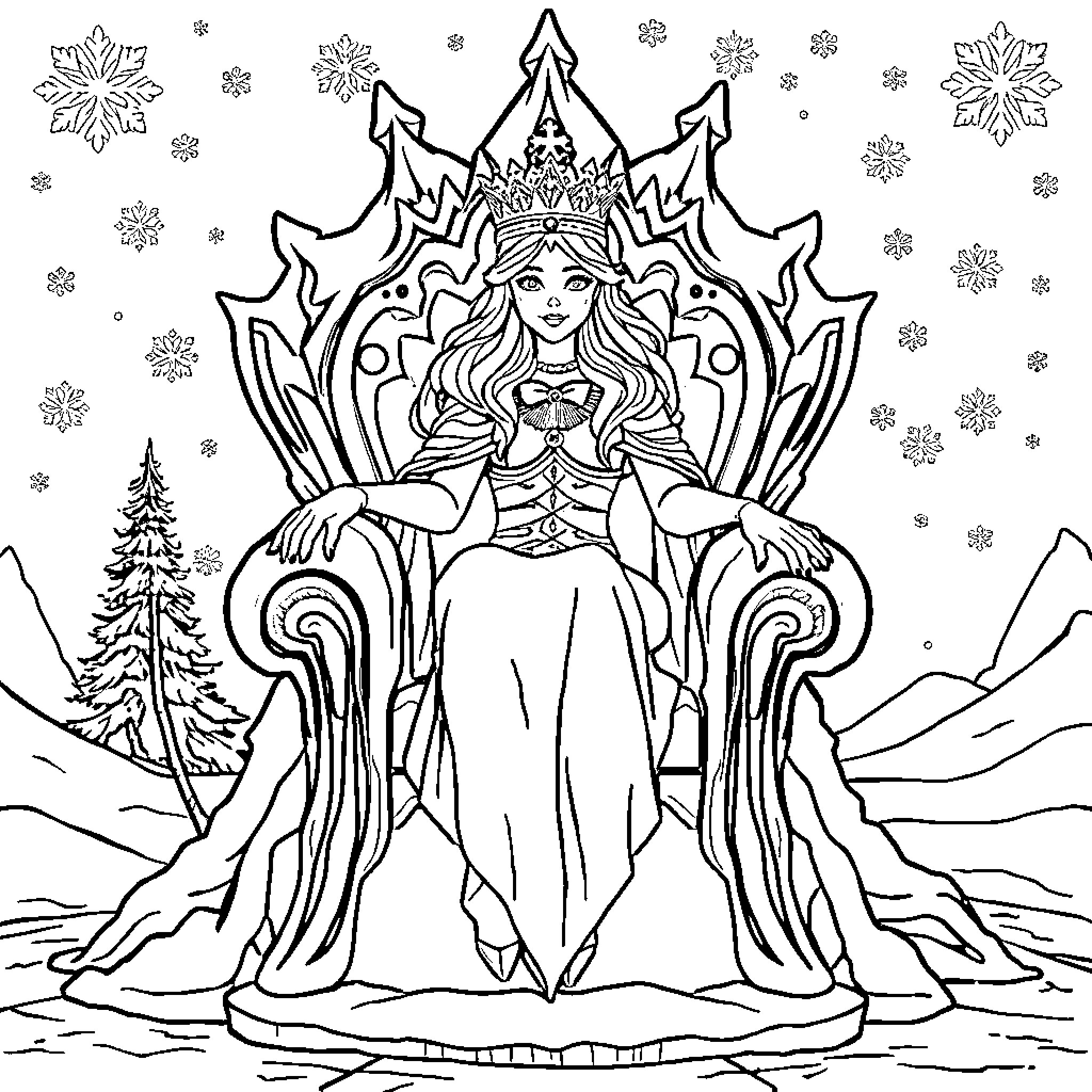 Snow Queen in winter wonderland Coloring Page (free black-and-white line drawing printable PDF for all, from beginners to advanced learners, including children, teens, adults, and seniors)