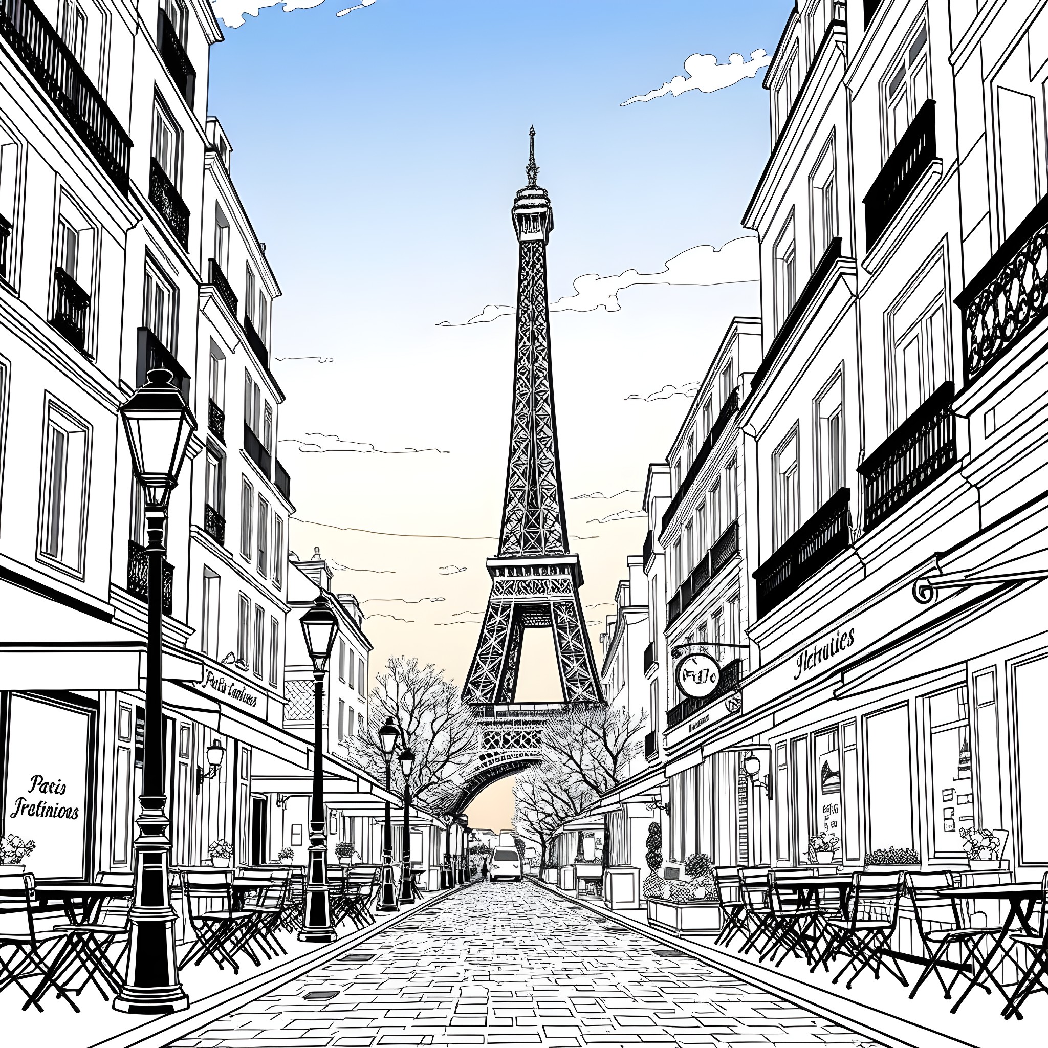 Paris street scene with iconic Eiffel Tower Coloring Page (free black-and-white line drawing printable PDF for all, from beginners to advanced learners, including children, teens, adults, and seniors)