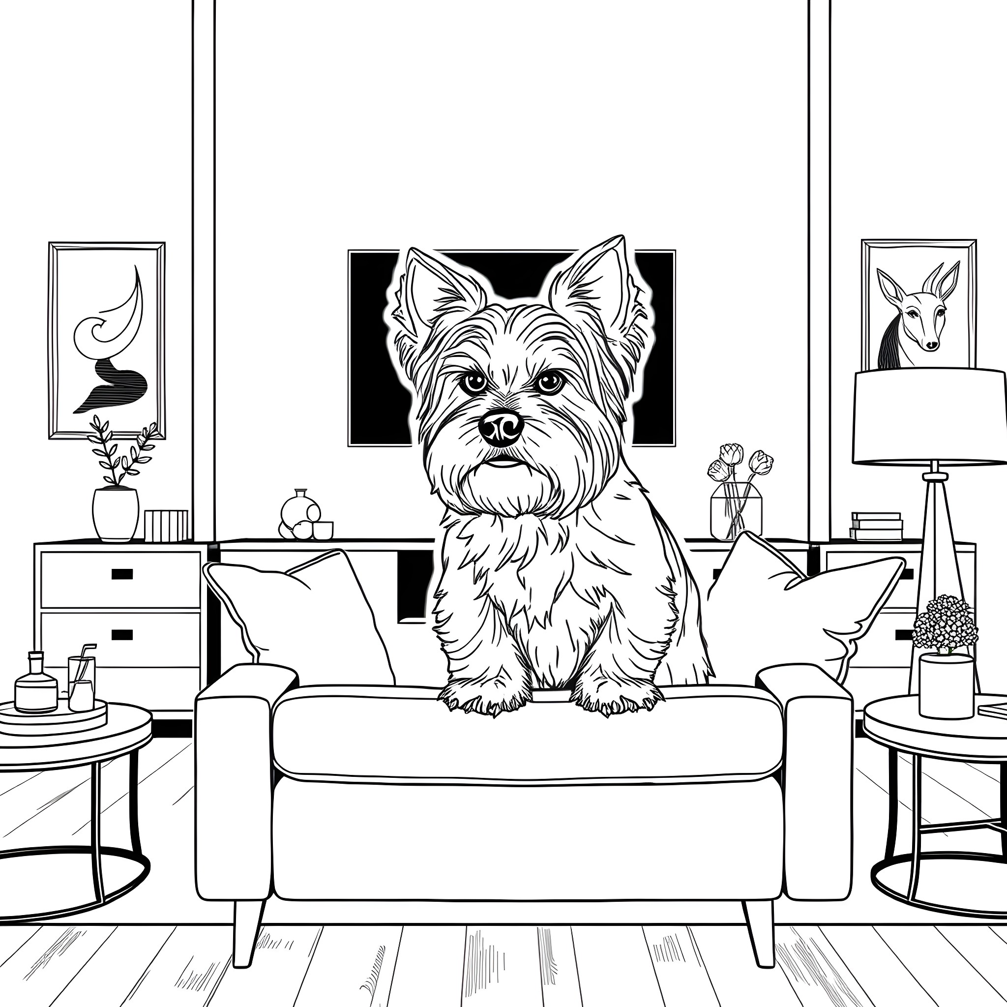 Yorkshire Terrier relaxing on the couch Coloring Page (free black-and-white line drawing printable PDF for all, from beginners to advanced learners, including children, teens, adults, and seniors)