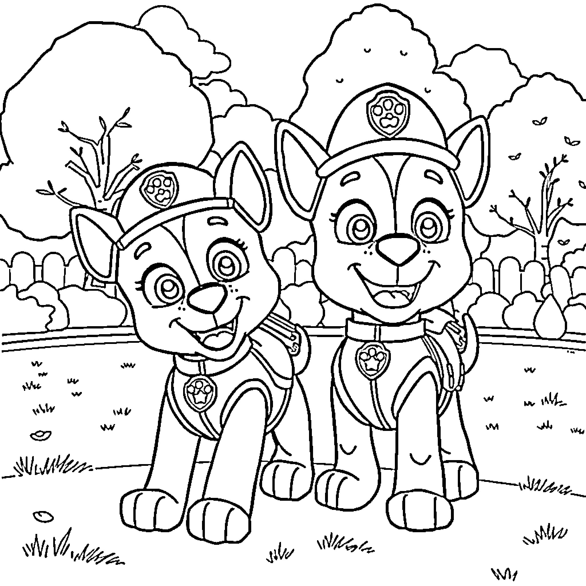 Bluey and Bingo on an adventure Coloring Page (free black-and-white line drawing printable PDF for all, from beginners to advanced learners, including children, teens, adults, and seniors)