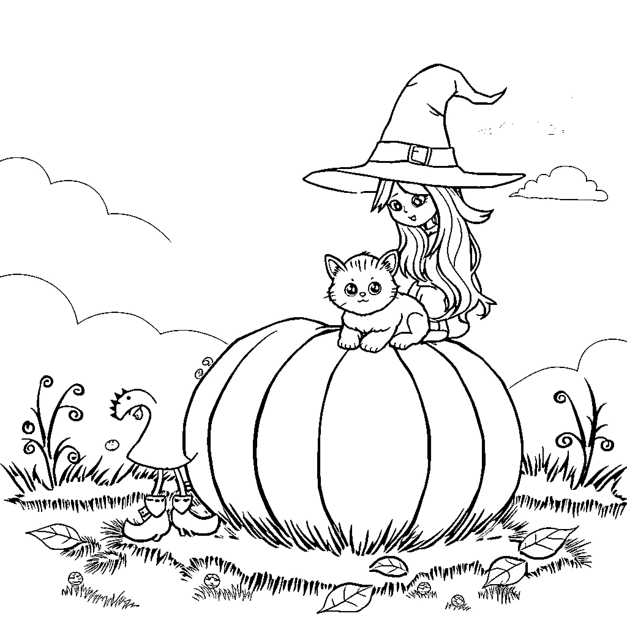 Witch with playful cat on a pumpkin Coloring Page (free black-and-white line drawing printable PDF for all, from beginners to advanced learners, including children, teens, adults, and seniors)