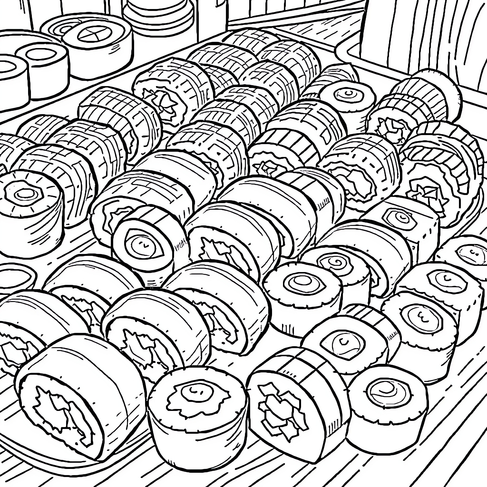 Sushi Arrangement in Monochrome Coloring Page (free black-and-white line drawing printable PDF for all, from beginners to advanced learners, including children, teens, adults, and seniors)