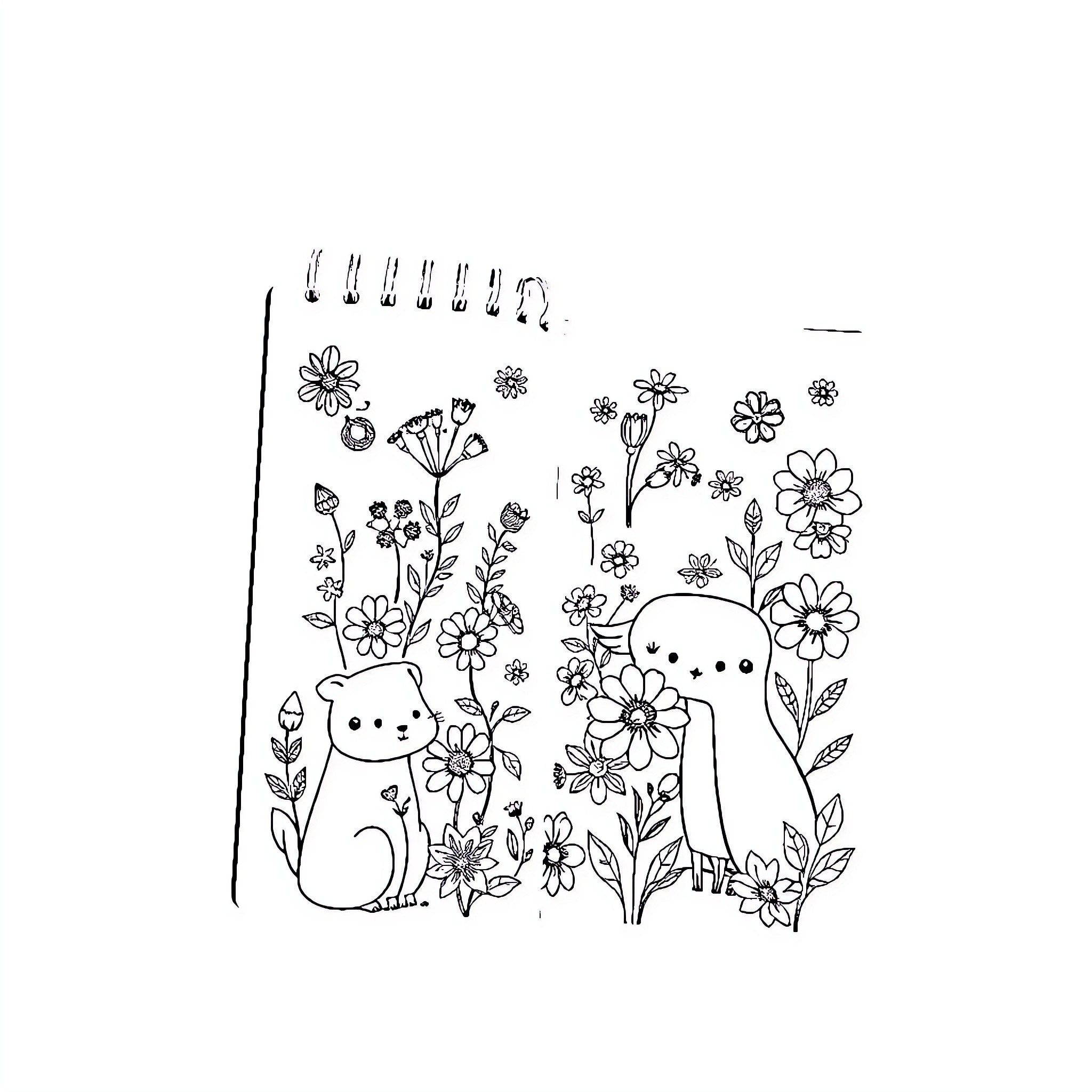 Doodle of whimsical floral scene with animal characters Coloring Page (free black-and-white line drawing printable PDF for all, from beginners to advanced learners, including children, teens, adults, and seniors)