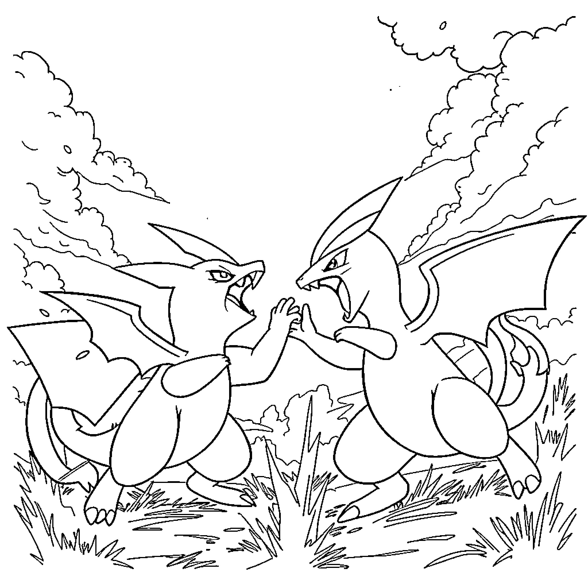 Pokémon Engaged in Fierce Battle Coloring Page (free black-and-white line drawing printable PDF for all, from beginners to advanced learners, including children, teens, adults, and seniors)