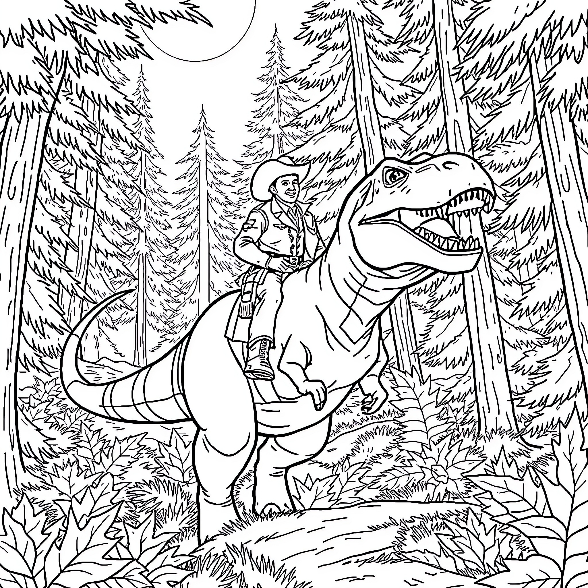 Sheriff Chasing a Ferocious Dinosaur in the Wilderness Coloring Page (free black-and-white line drawing printable PDF for all, from beginners to advanced learners, including children, teens, adults, and seniors)