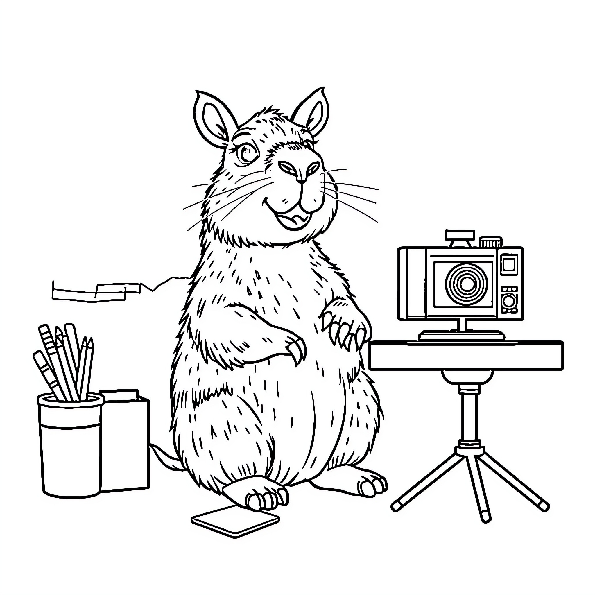 Capybara taking a selfie at the desk Coloring Page (free black-and-white line drawing printable PDF for all, from beginners to advanced learners, including children, teens, adults, and seniors)