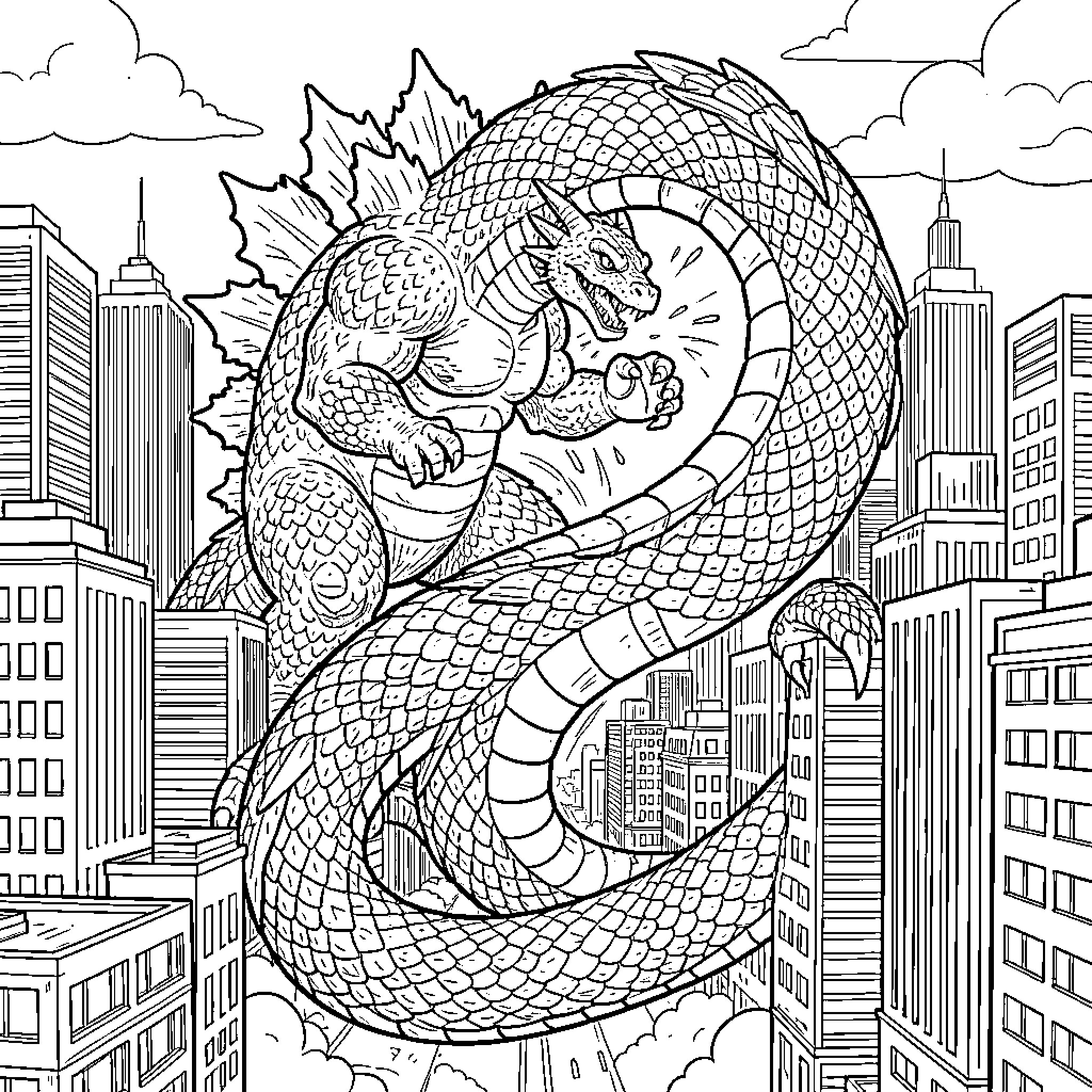 Godzilla unleashing destruction in the city Coloring Page (free black-and-white line drawing printable PDF for all, from beginners to advanced learners, including children, teens, adults, and seniors)
