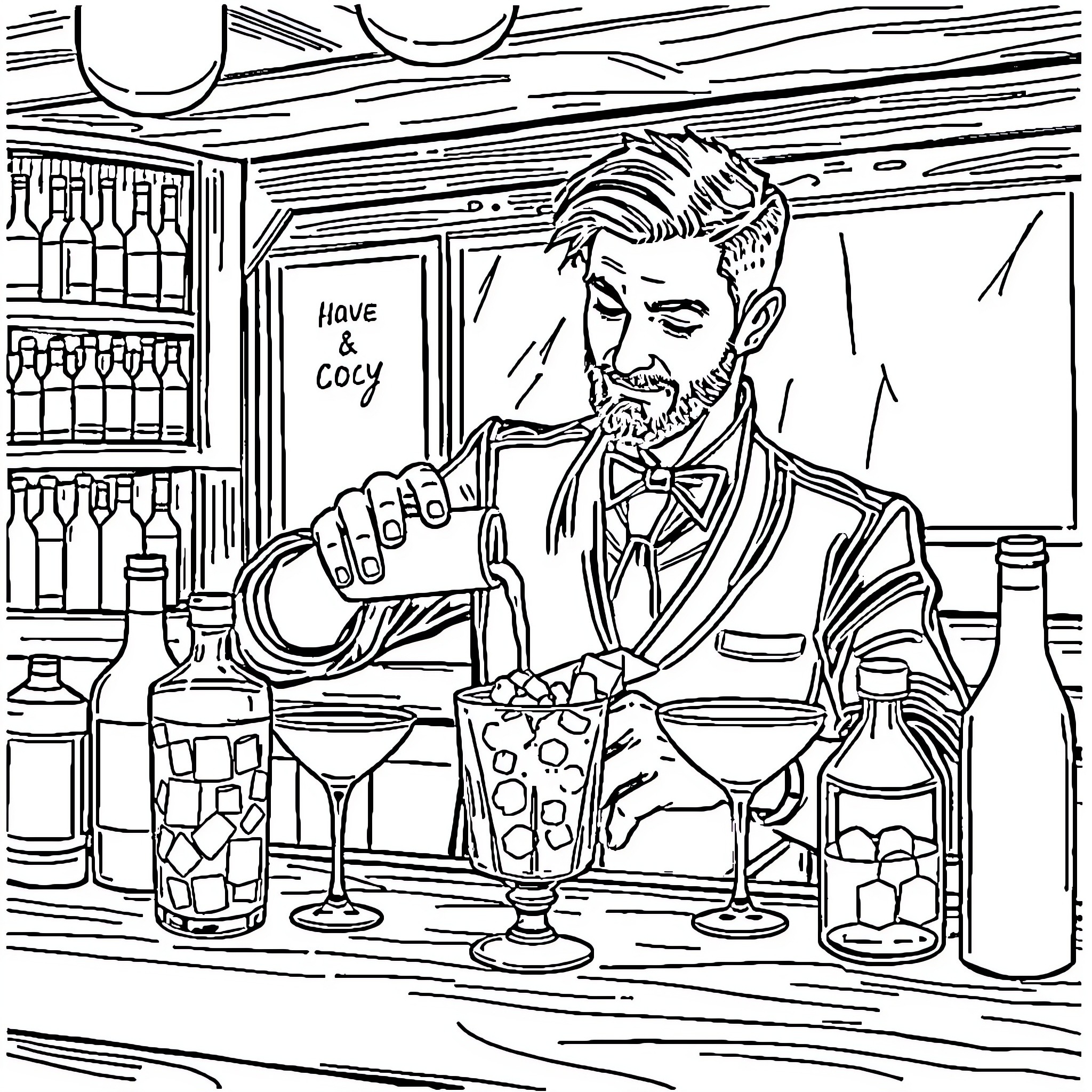 Bartender mixing drinks at a cozy bar Coloring Page (free black-and-white line drawing printable PDF for all, from beginners to advanced learners, including children, teens, adults, and seniors)