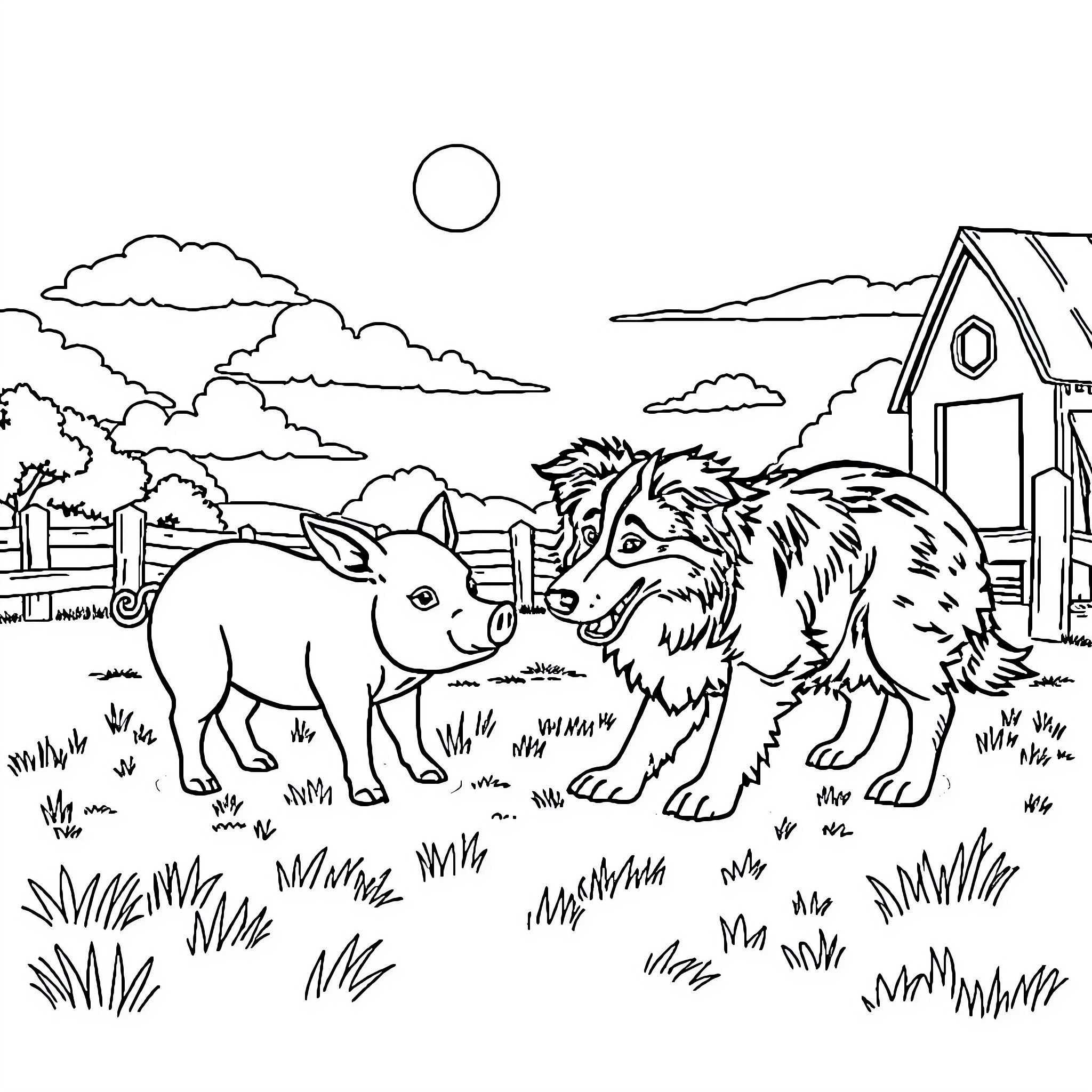 Australian Shepherd interacting with a pig on a farm Coloring Page (free black-and-white line drawing printable PDF for all, from beginners to advanced learners, including children, teens, adults, and seniors)