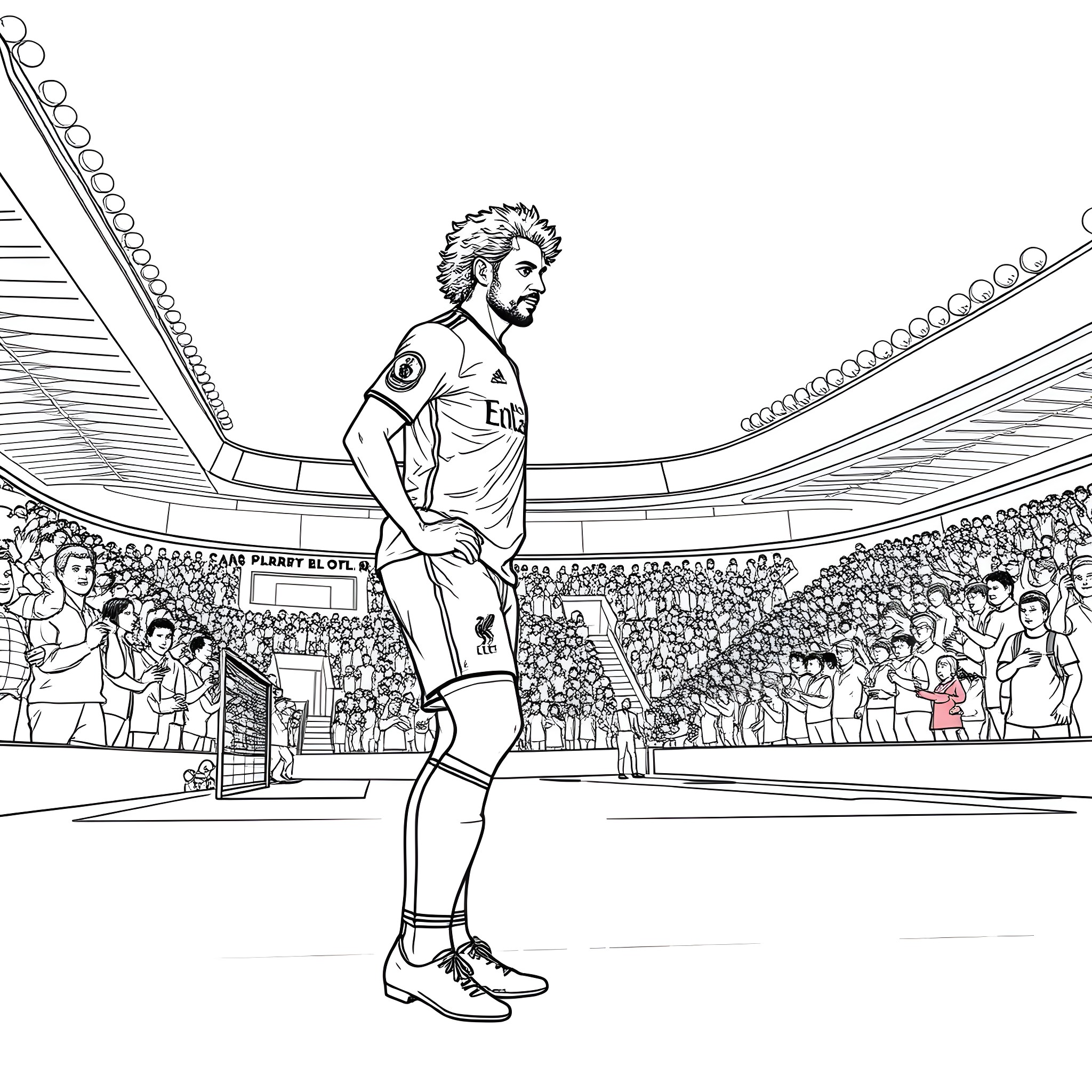 Mo Salah standing confidently on the soccer field Coloring Page (free black-and-white line drawing printable PDF for all, from beginners to advanced learners, including children, teens, adults, and seniors)