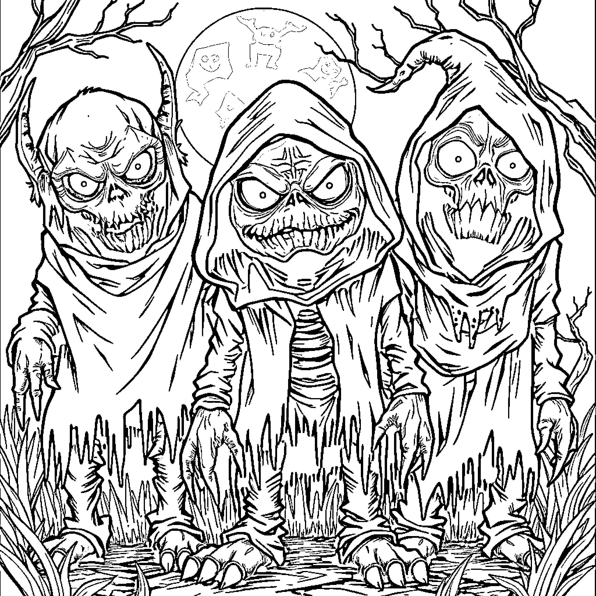 Monster trio emerging from the dark forest Coloring Page (free black-and-white line drawing printable PDF for all, from beginners to advanced learners, including children, teens, adults, and seniors)