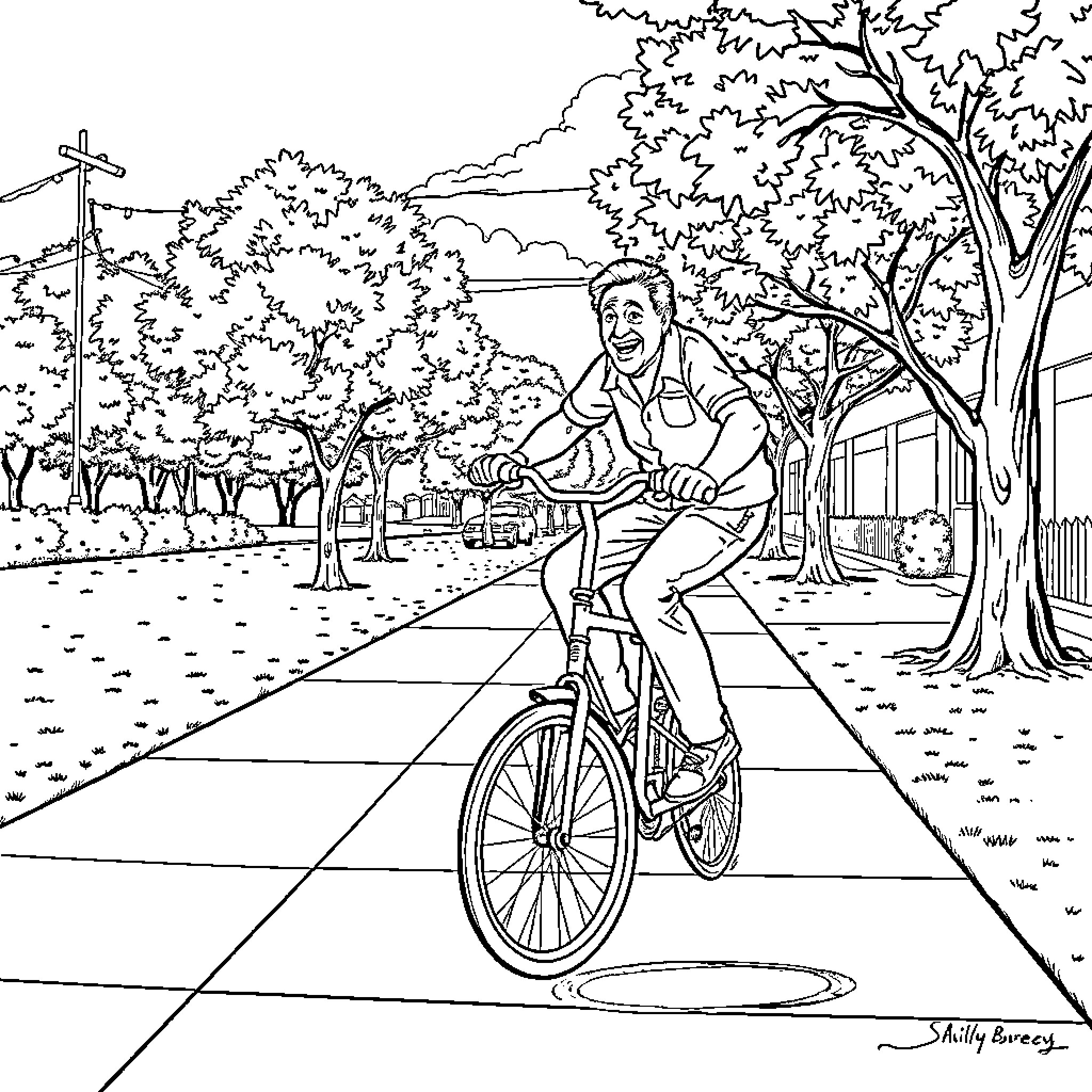 Gary Busey riding a bicycle in a park setting Coloring Page (free black-and-white line drawing printable PDF for all, from beginners to advanced learners, including children, teens, adults, and seniors)