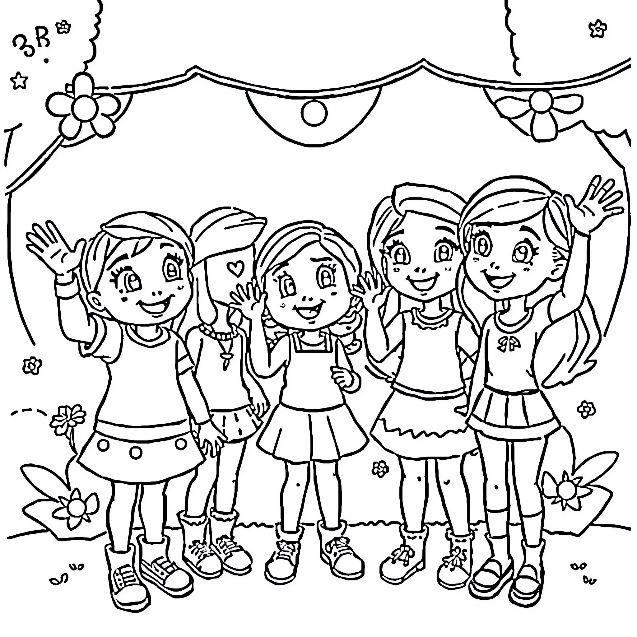Gabby and her friends have a fun day together Coloring Page (free black-and-white line drawing printable PDF for all, from beginners to advanced learners, including children, teens, adults, and seniors)