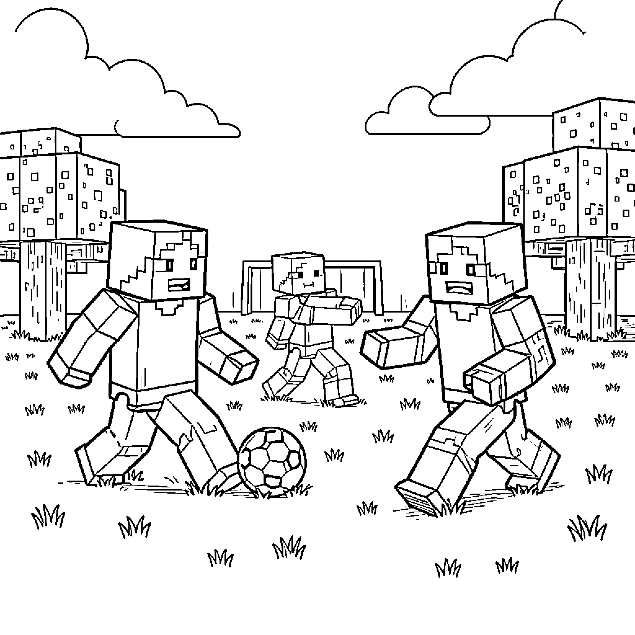Minecraft characters playing soccer in a field Coloring Page (free black-and-white line drawing printable PDF for all, from beginners to advanced learners, including children, teens, adults, and seniors)